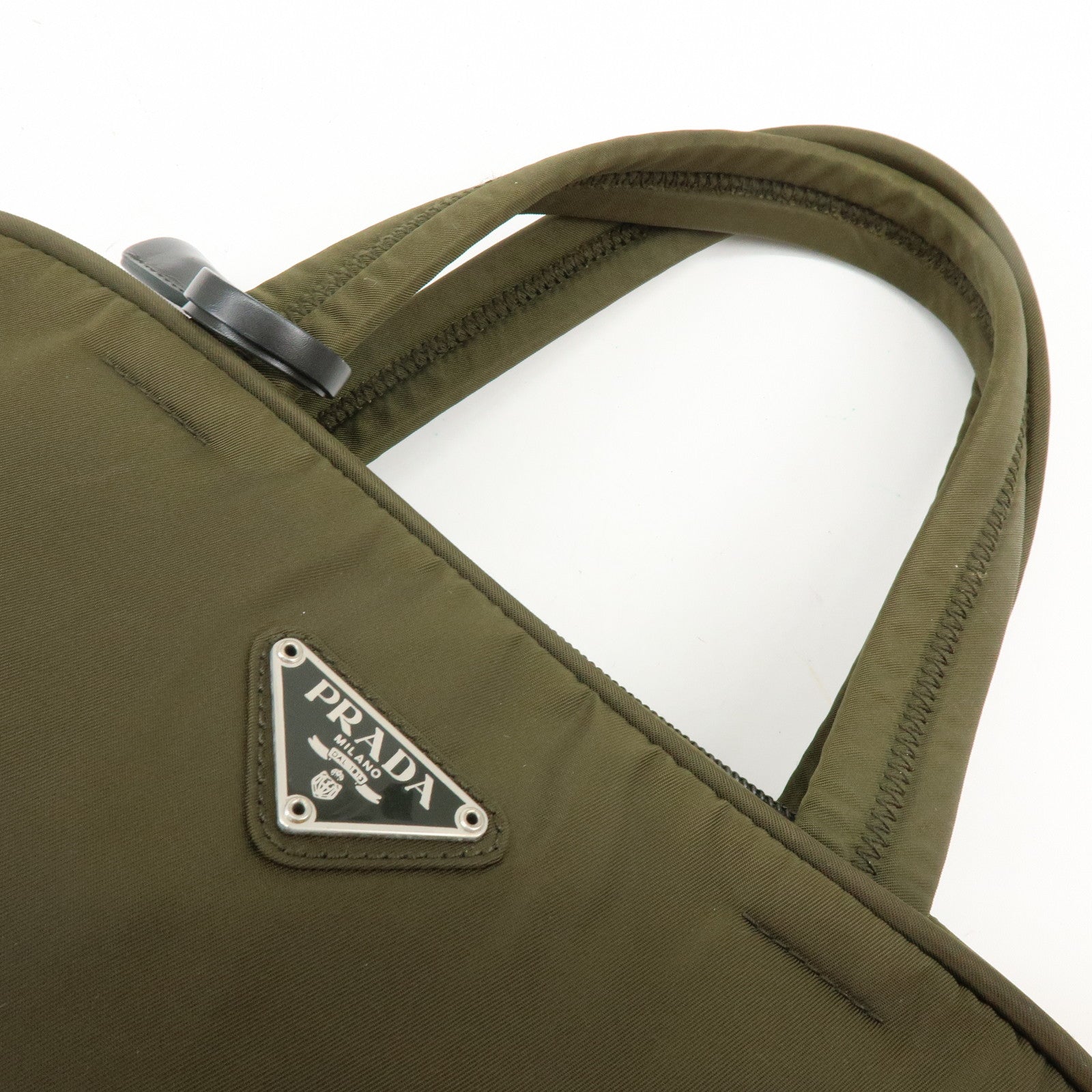 PRADA Triangle Logo Nylon Leather Hand Bag Boston Bag Khaki