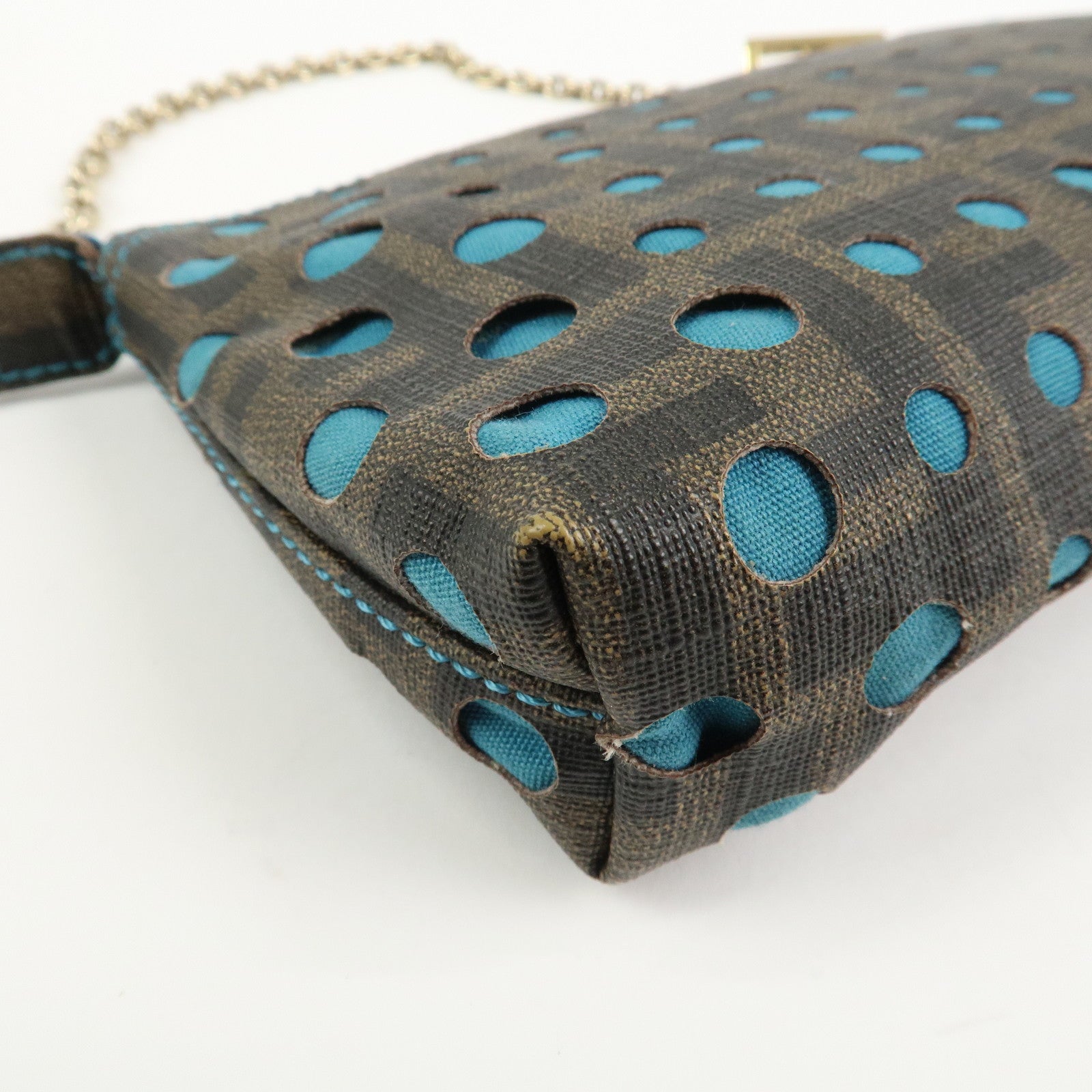 FENDI Zucca PVC Canvas Chain Accessory Pouch Brown Blue 8BR592