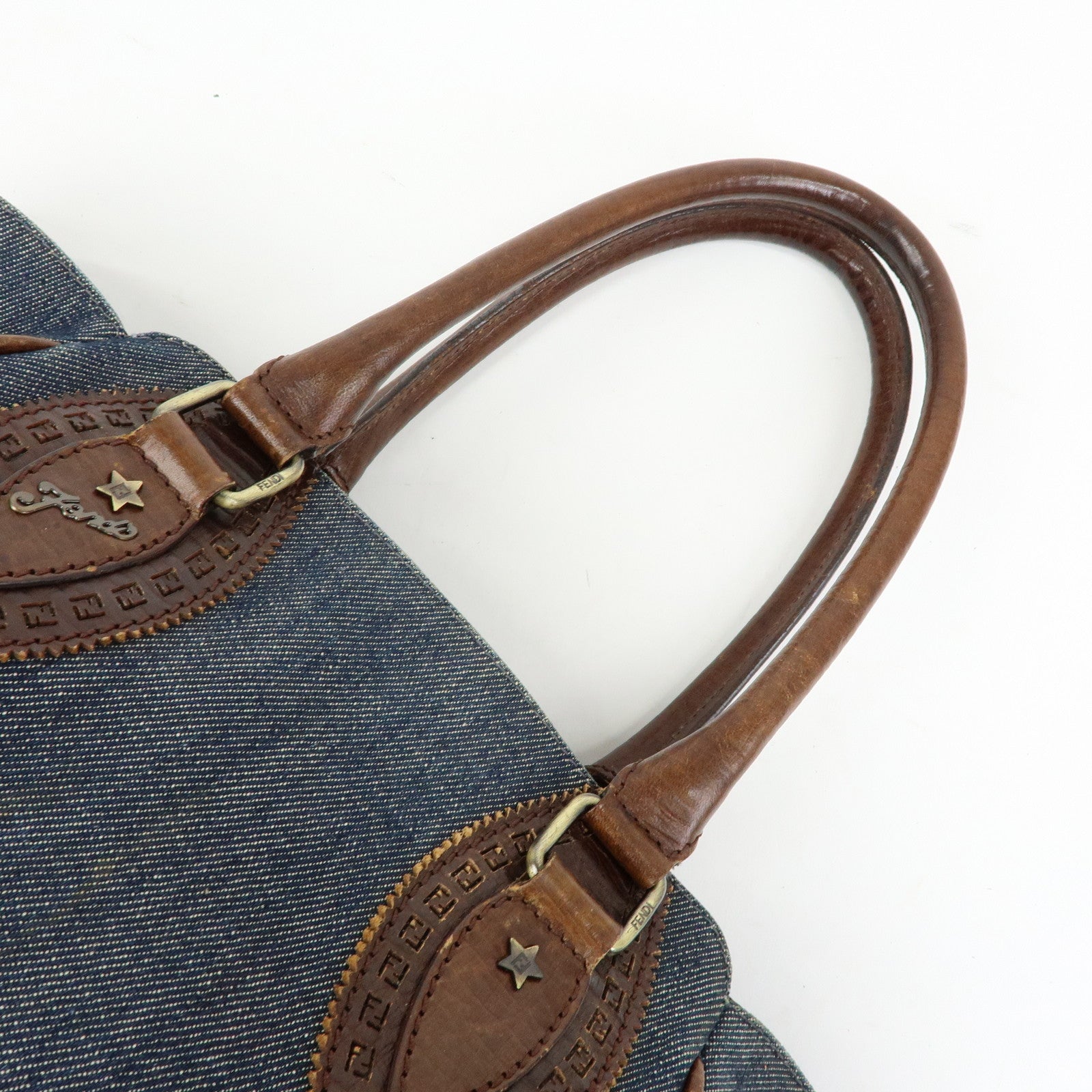 FENDI Etnico Denim Leather Shoulder Bag Indigo Blue Brown 8BN157