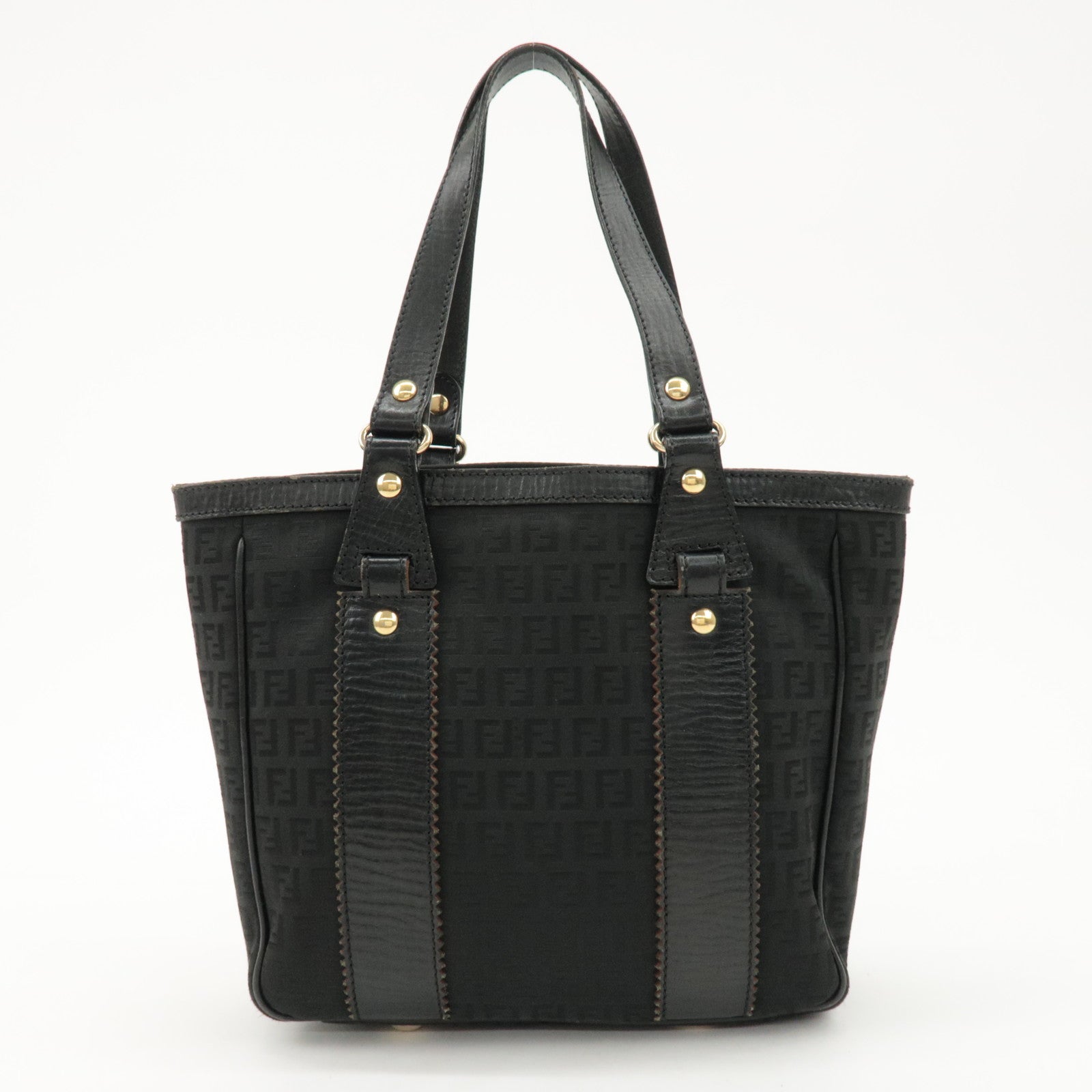 FENDI Zucchino Leather Canvas Tote Bag Hand Bag Black 8BH161 Used