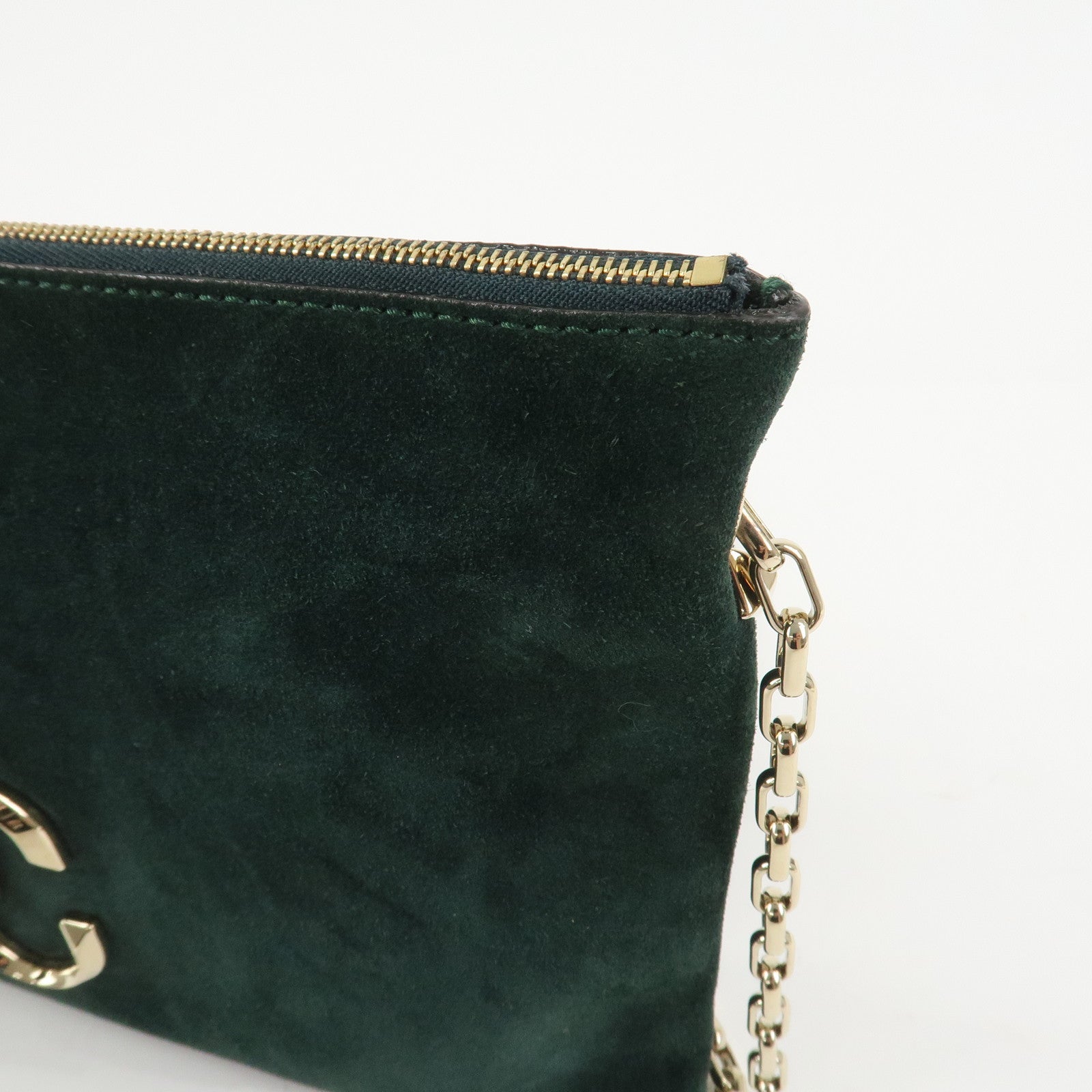 JIMMY CHOO VARENNE Suede Leather Chain Shoulder Bag Dark Green