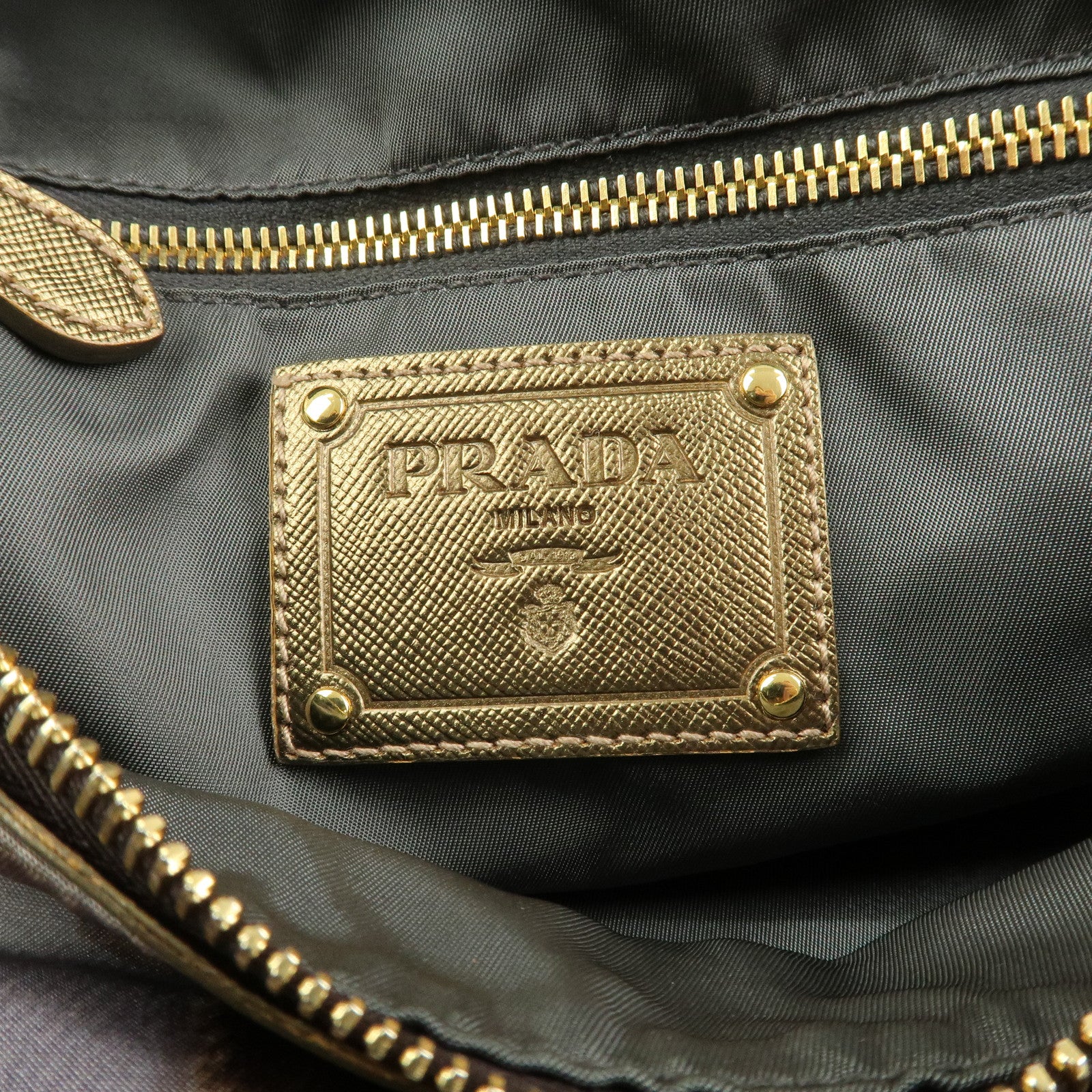 PRADA Logo Nylon Leather Boston Bag Shoulder Bag Gray Gold BL0567