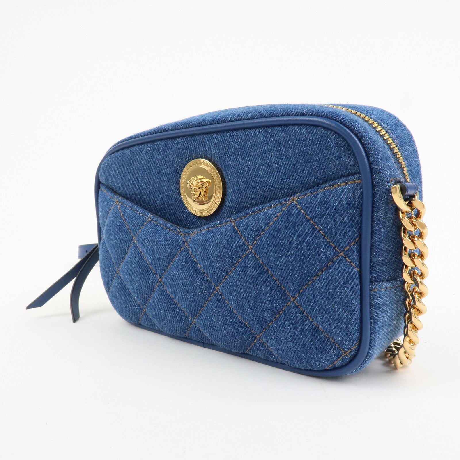 GIANNI VERSACE Denim Leather Chain Shoulder Bag Blue