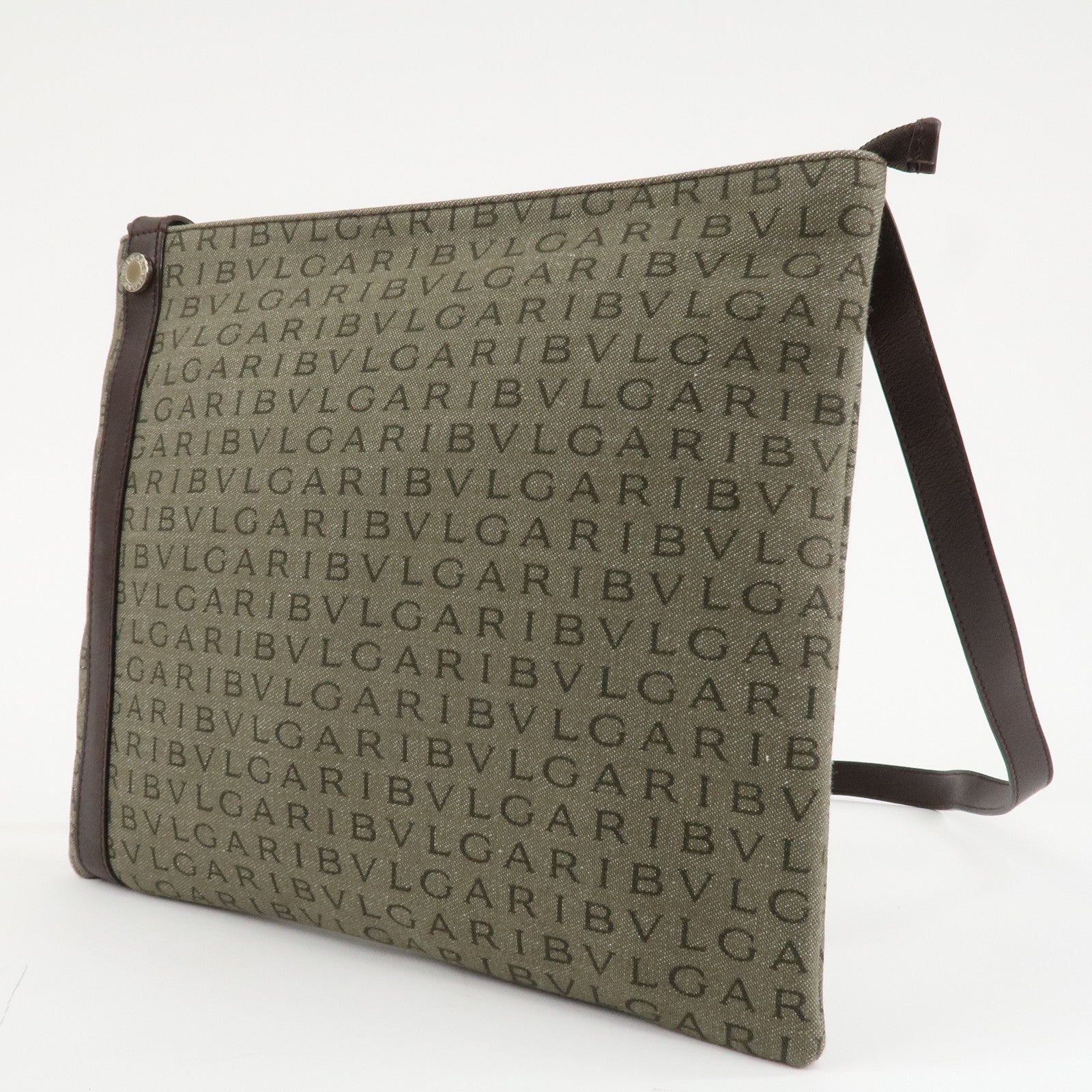 BVLGARI Logo Mania Leather Canvas Shoulder Bag Khaki Dark Brown Used