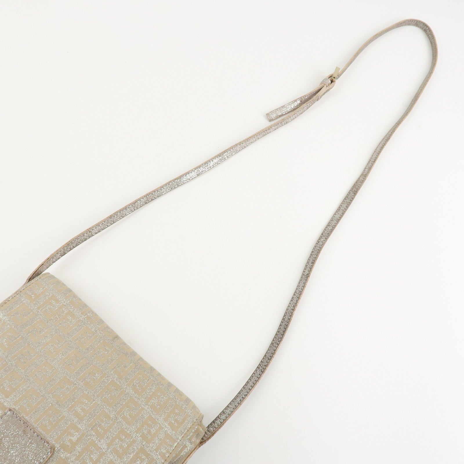 FENDI Zucchino Canvas Leather Shoulder Bag Silver Beige 8BT075