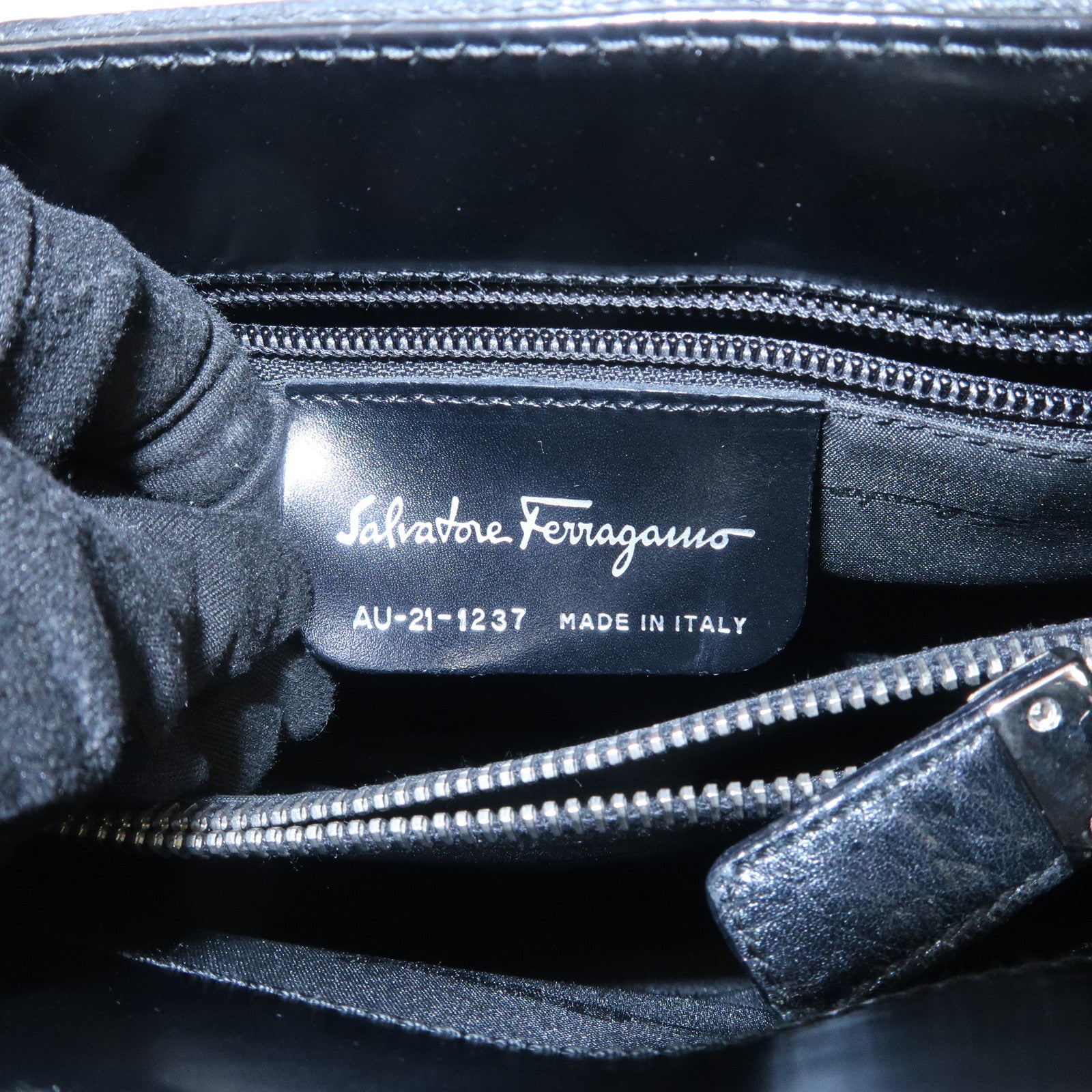 Ferragamo Gancini Embossed Leather Tote Bag Hand Bag Black