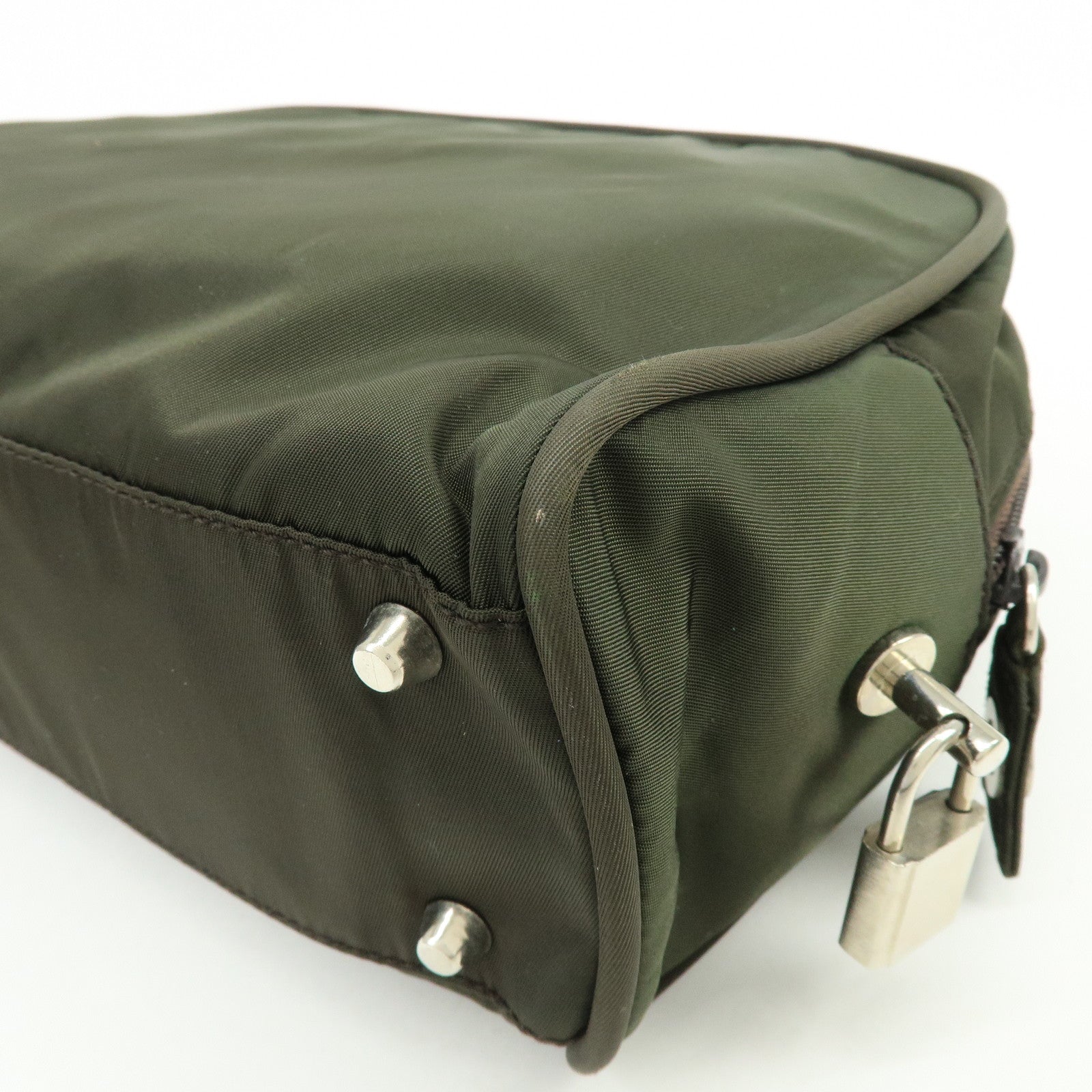 PRADA Triangle Logo Nylon Leather Hand Bag Tote Boston Bag Khaki