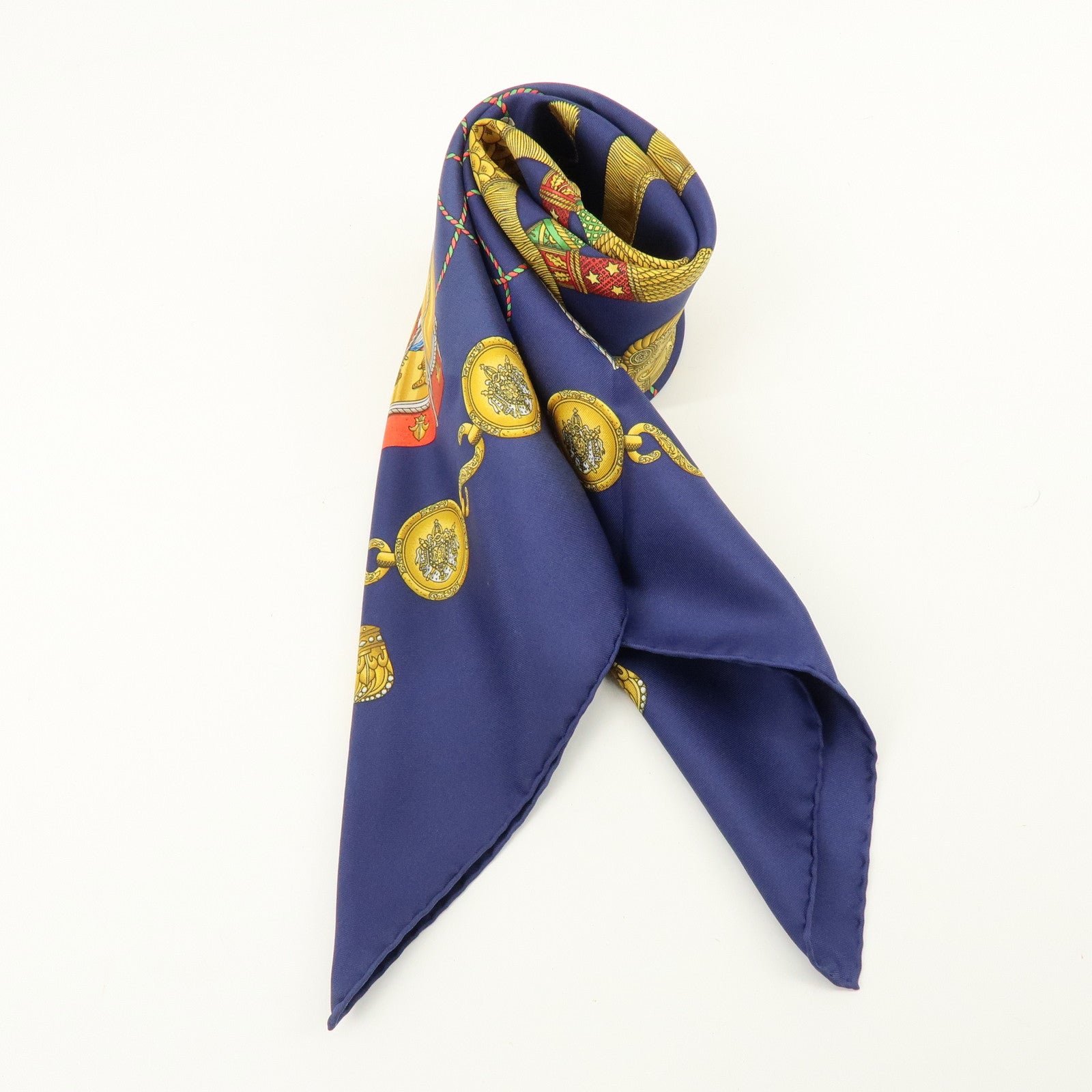 HERMES Carre 90 Silk 100% Scarf LES TAMBOURS Navy Gold