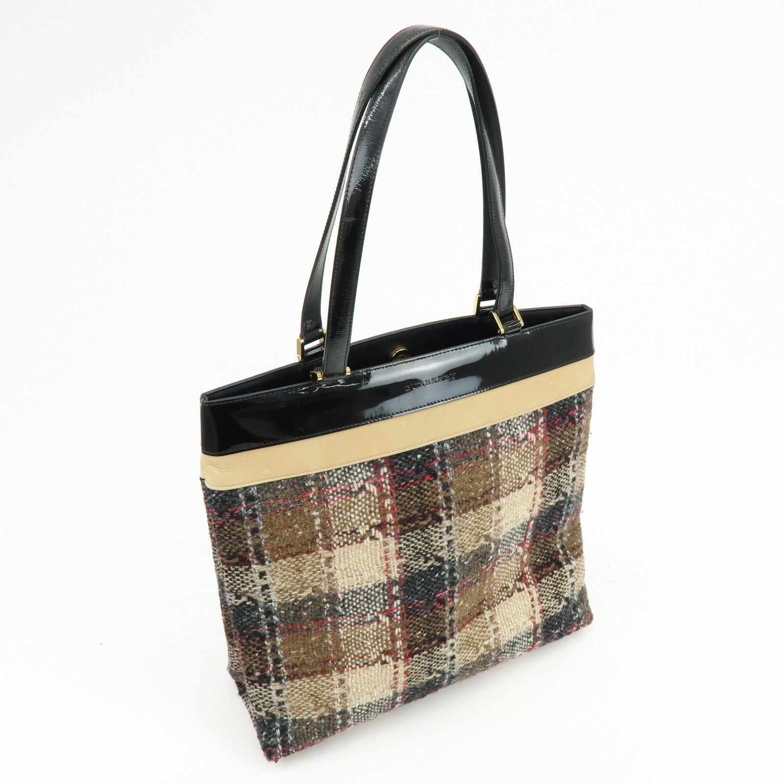 BURBERRY Tweed Patend leaether Suede Tote Bag Beige Black