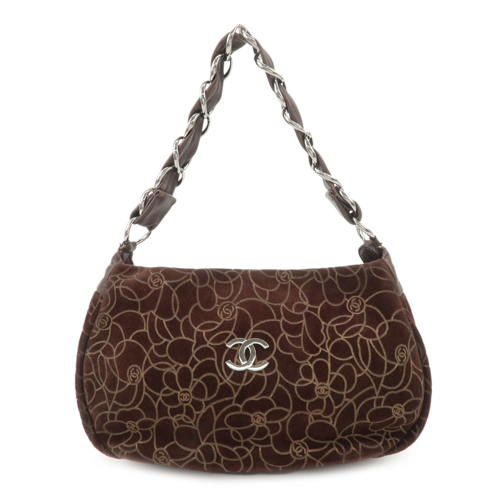 CHANEL Cameria Suede Shoulder Bag Brown Silver Hardware Used