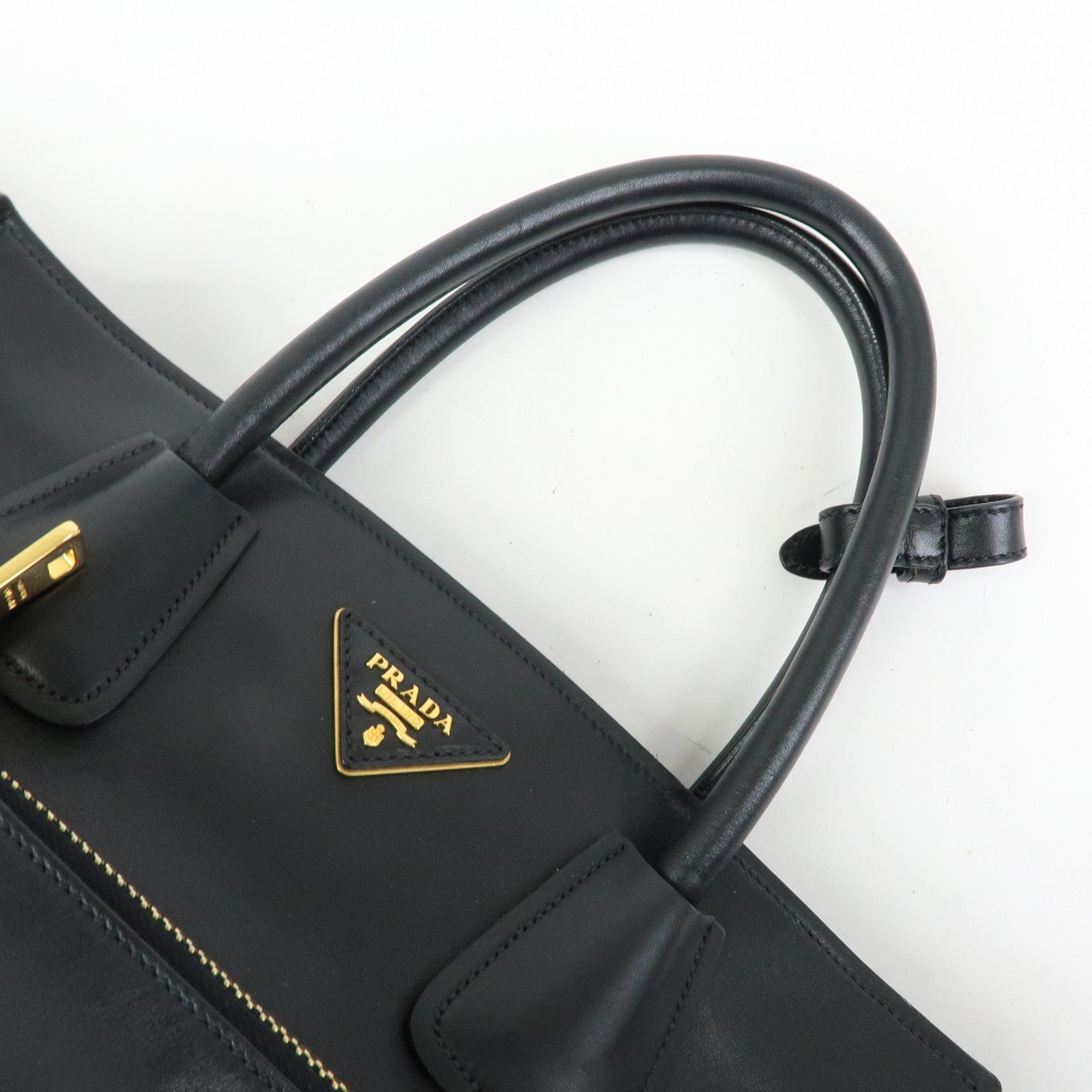 PRADA Triangle Logo Leather 2Way Tote Bag Hand Bag Black BN2626