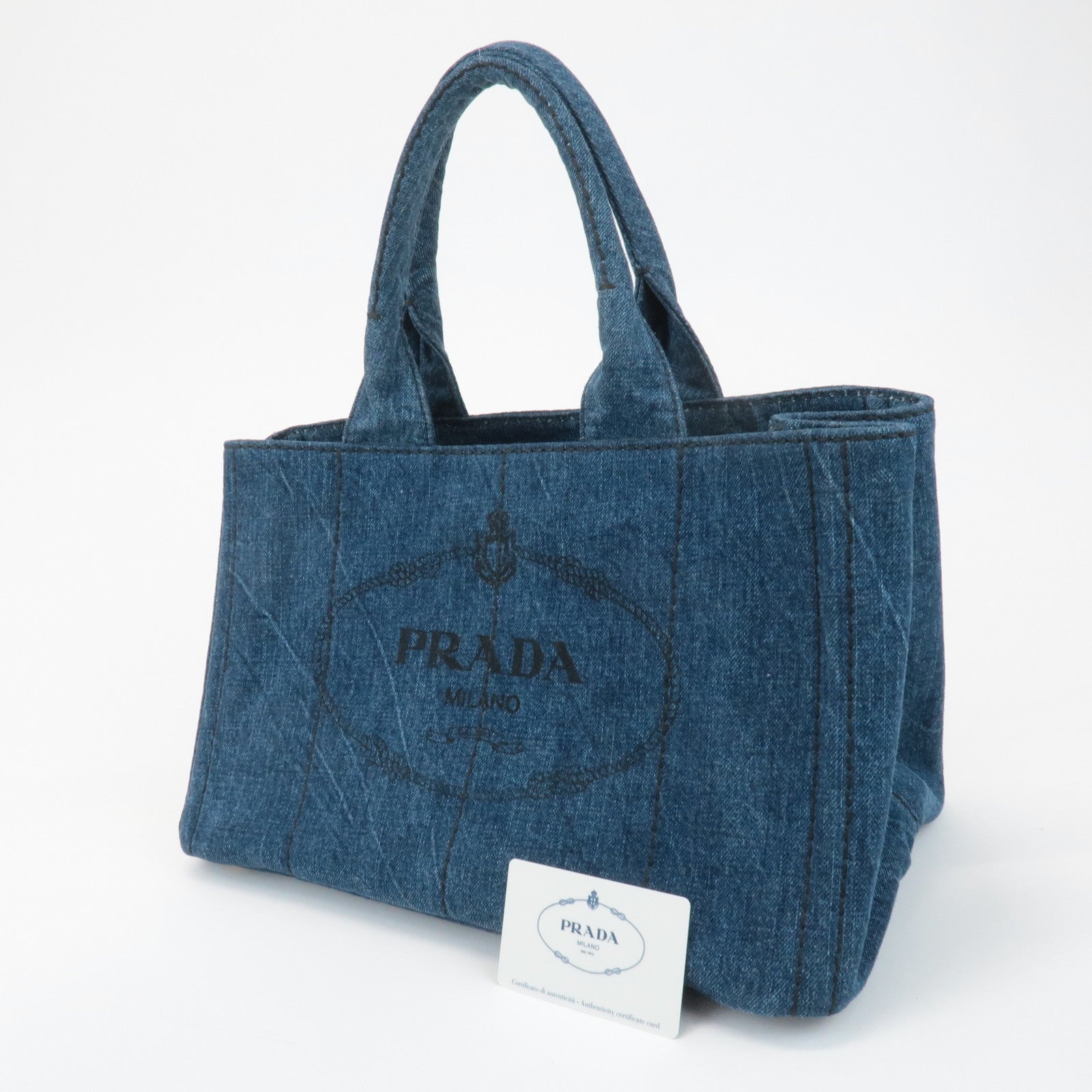 PRADA Triangle Logo Canapa Canvas Denim Hand Bag Navy B1877B Used