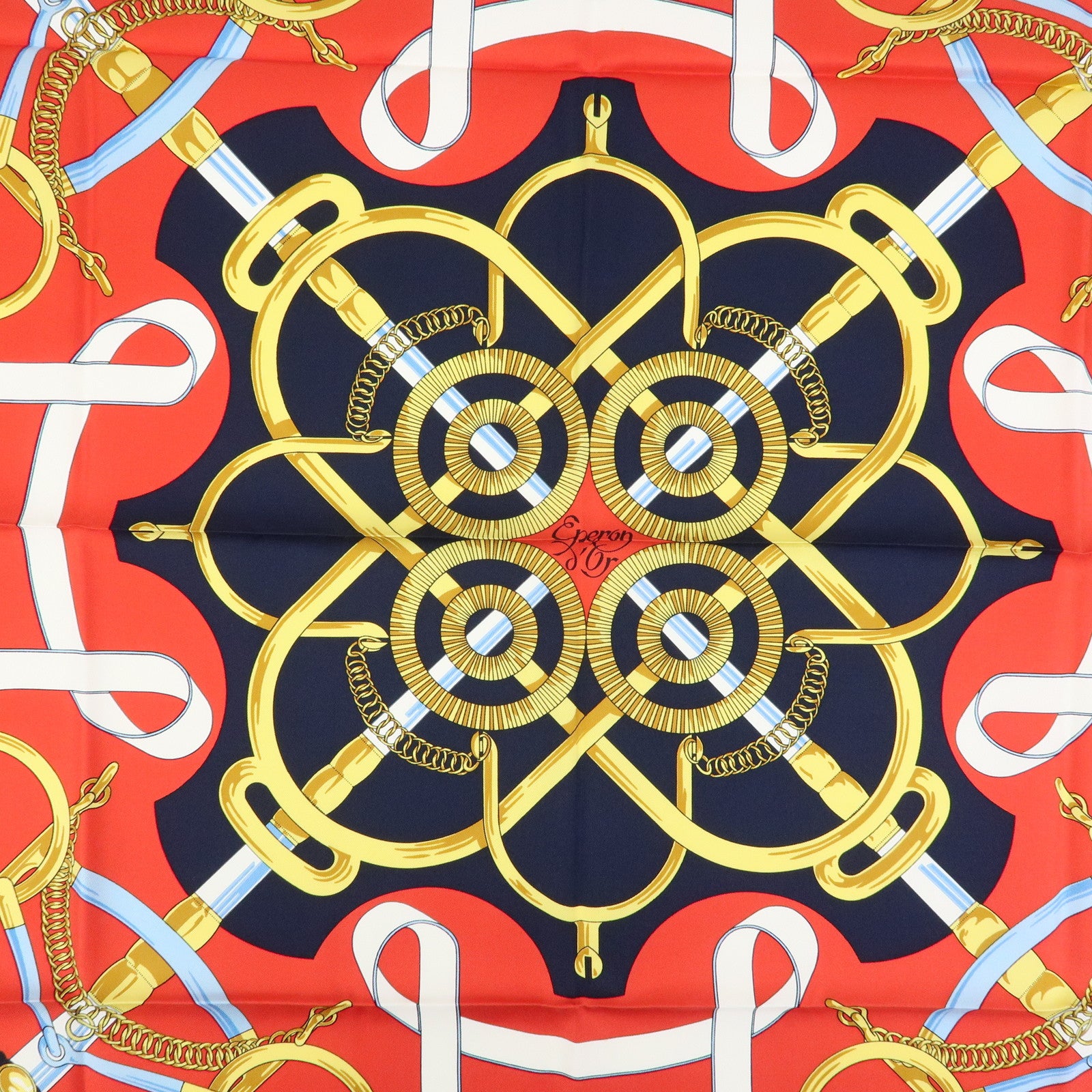 HERMES Carre 90 Silk 100% Scarf Eperon d'or Navy Red Gold