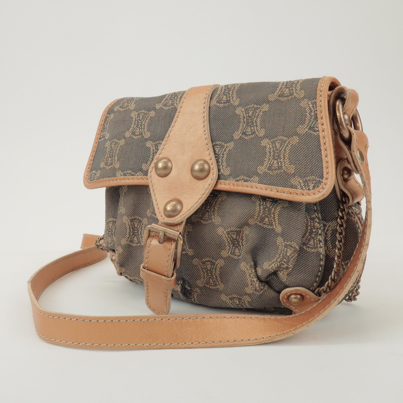 CELINE Macadam Denim Leather Shoulder Bag Metallic Pink Beige