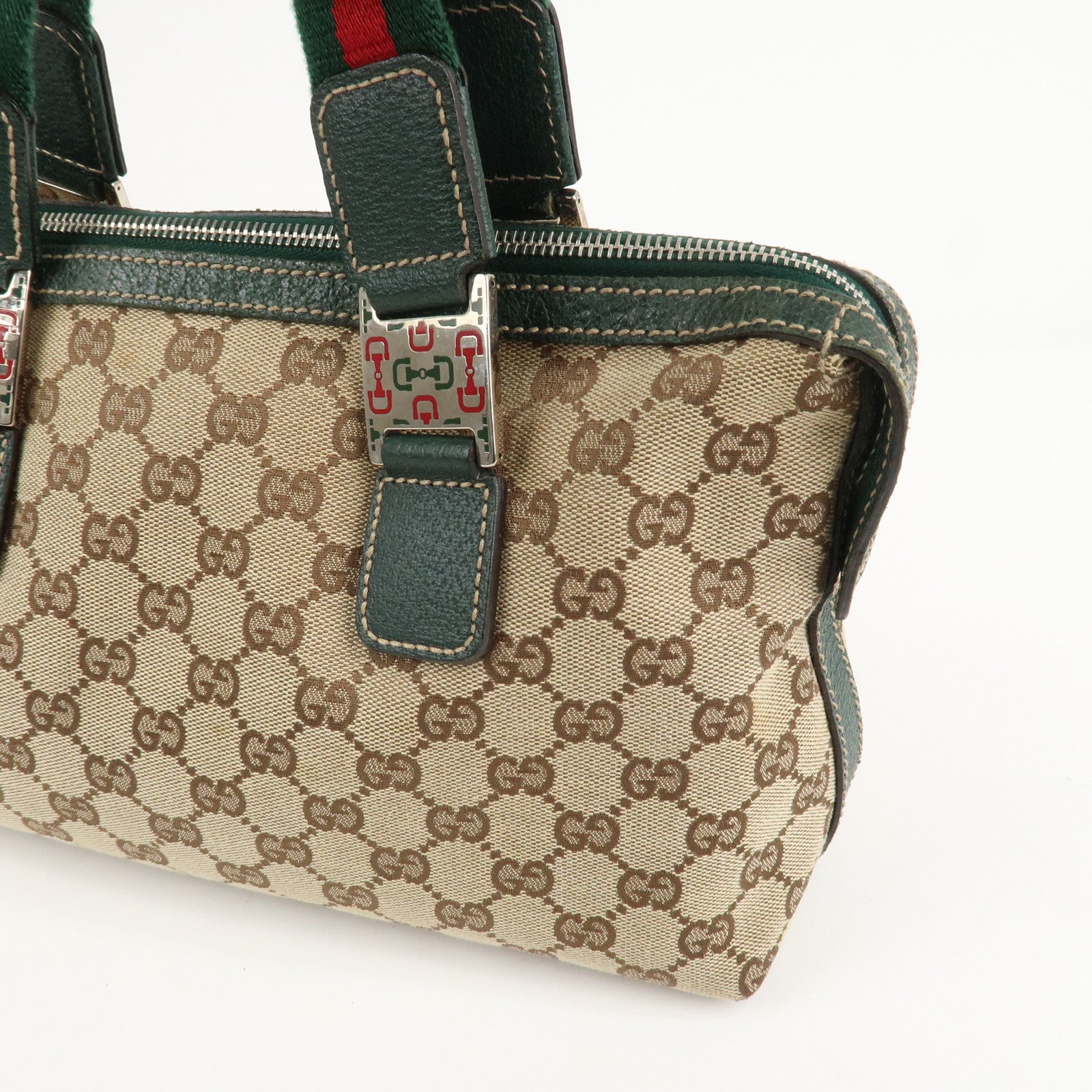 GUCCI Sherry GG Canvas Leather Hand Bag Beige Green 145759