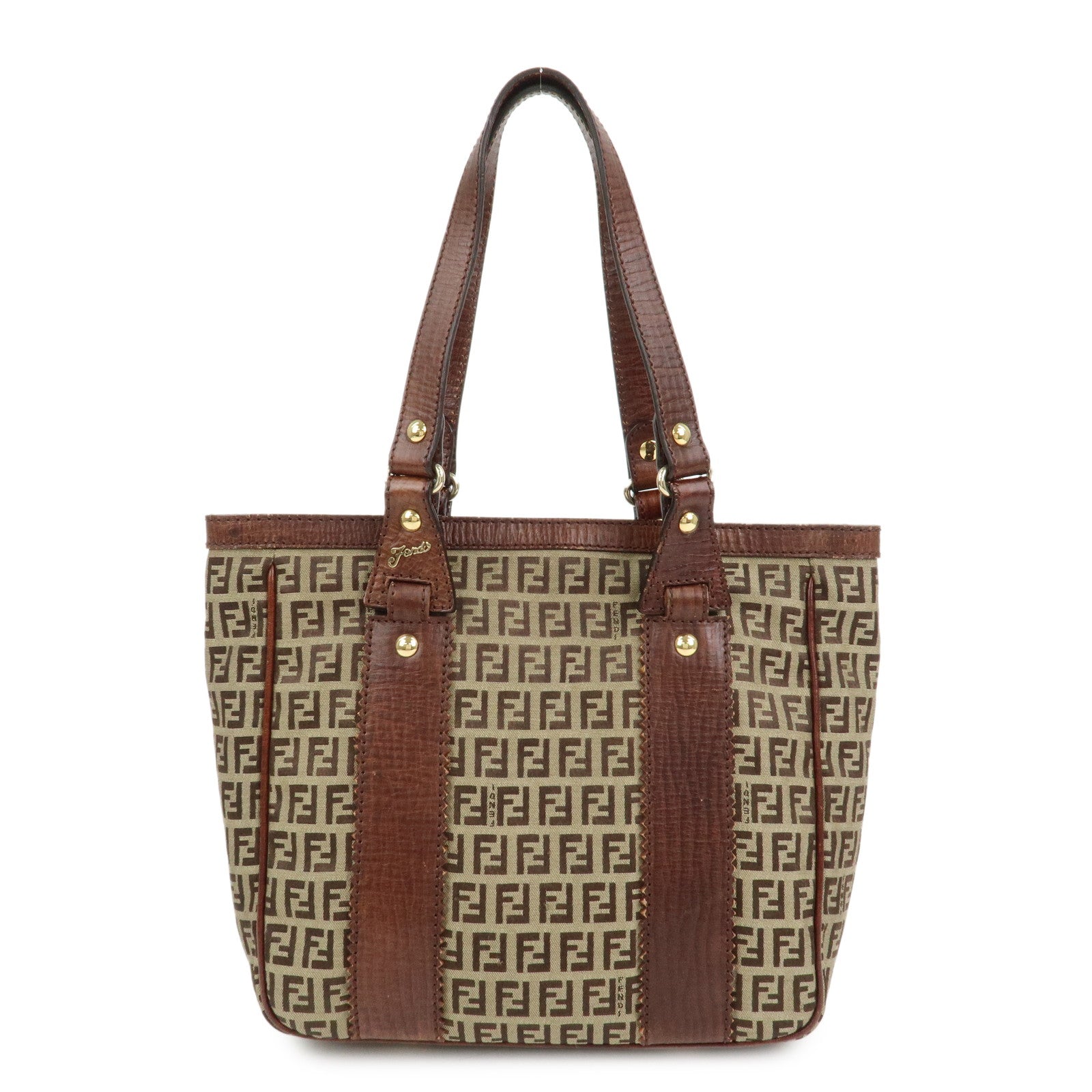 FENDI Zucchino Canvas Leather Tote Bag Shoulder Bag Brown 8BH161