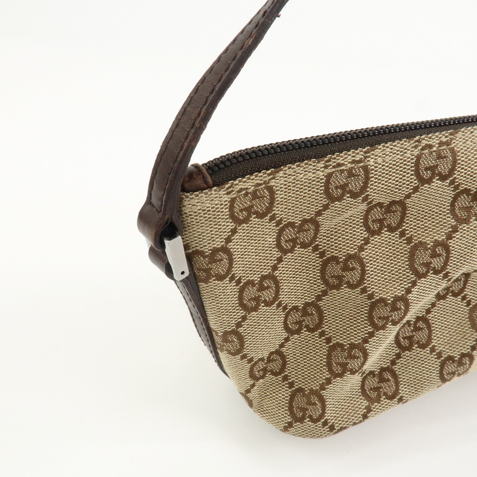 GUCCI Boat Bag GG Canvas Leather Hand Bag Pouch Beige Brown 07198