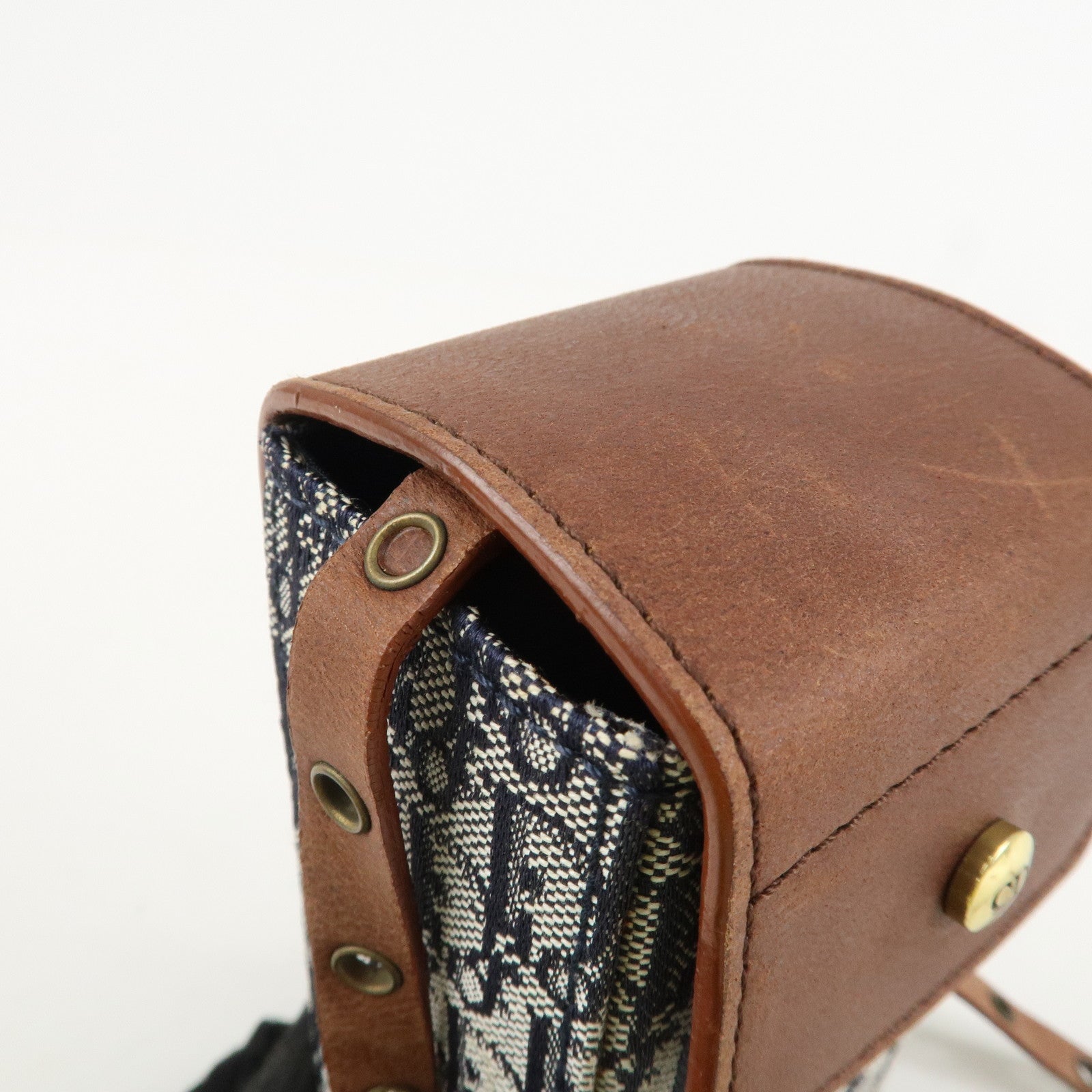 Christian Dior Trotter Canvas Leather Shoulder Bag Navy Brown Used