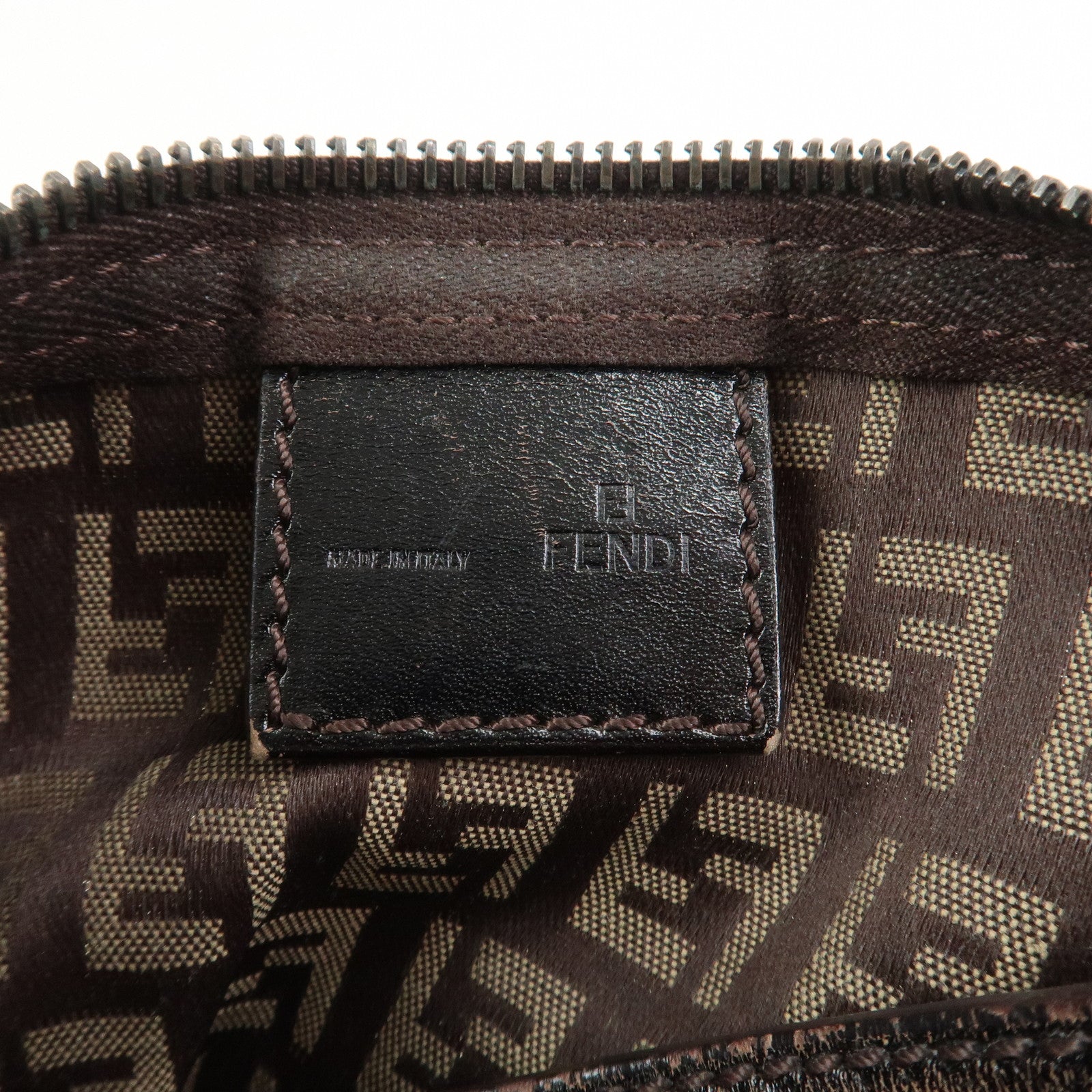 FENDI Zucchino Canvas Leather Hand Bag Pouch Bag Brown 8N0001