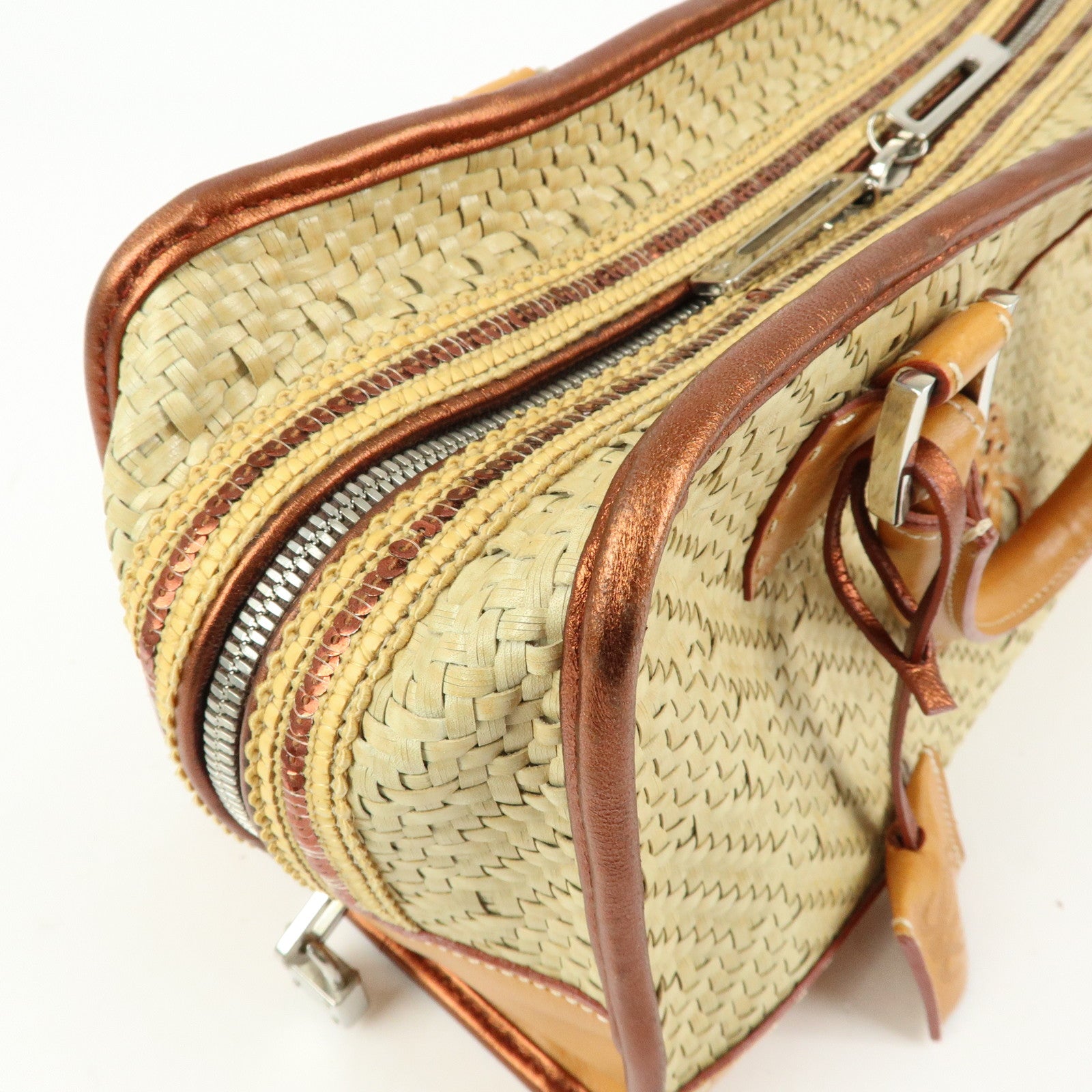 LOEWE Anagram Amazona 28 Raffia Leather Hand Bag Beige Camel