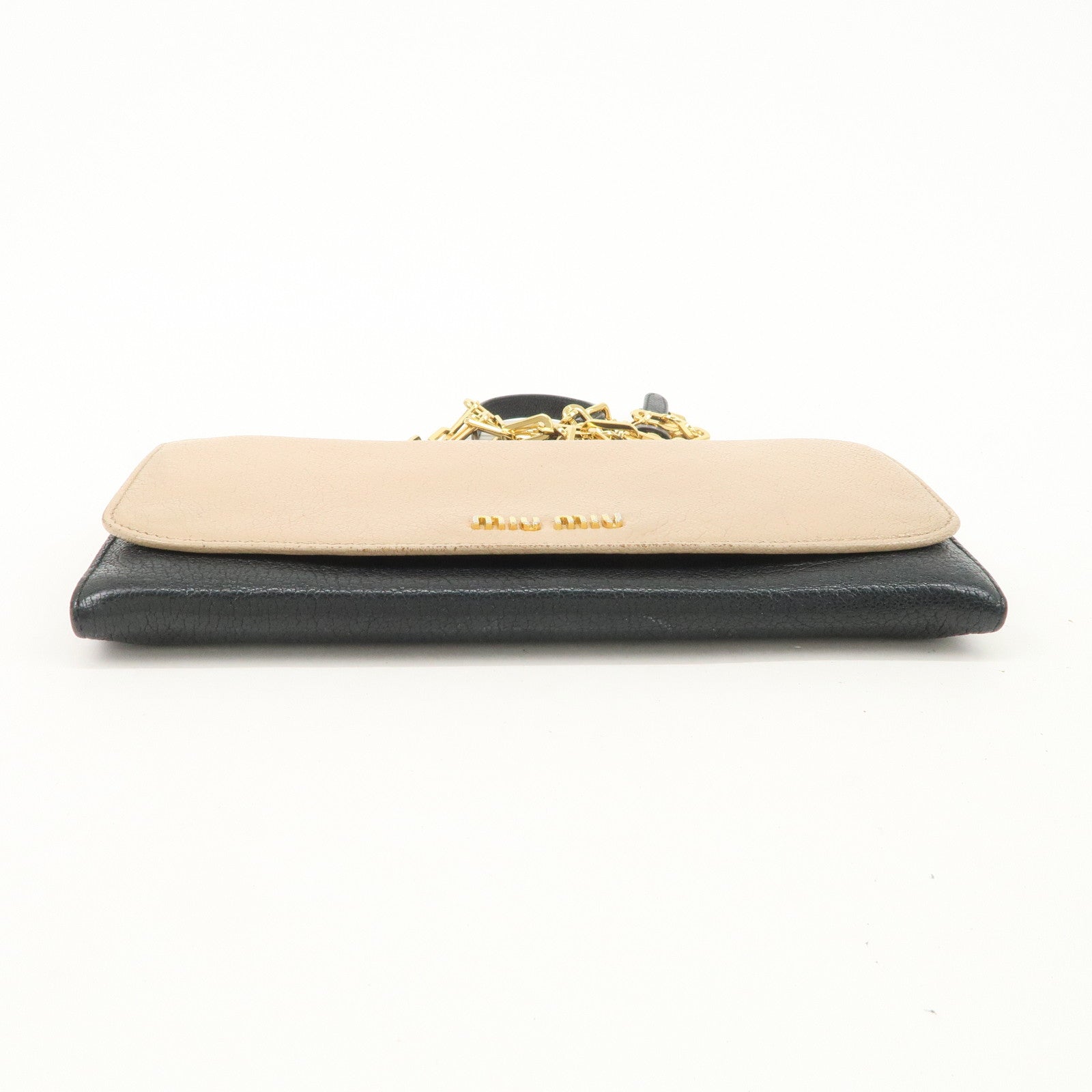 MIU MIU MADRAS Leather Chain Shoulder Wallet WOC Beige Black 5M1290