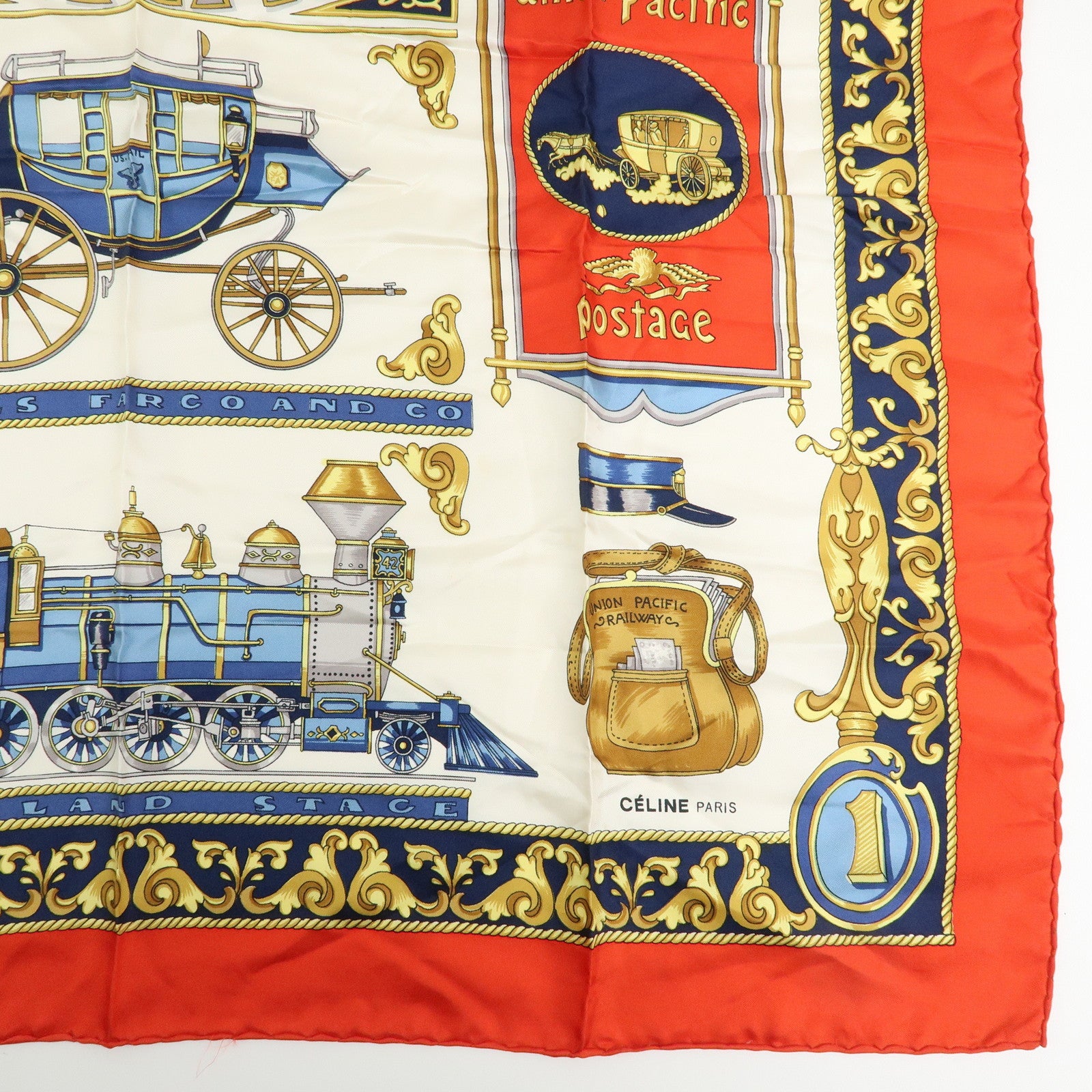 CELINE Silk Baltimore and Ohio Railroad Scarf 85x85 Red White Blue