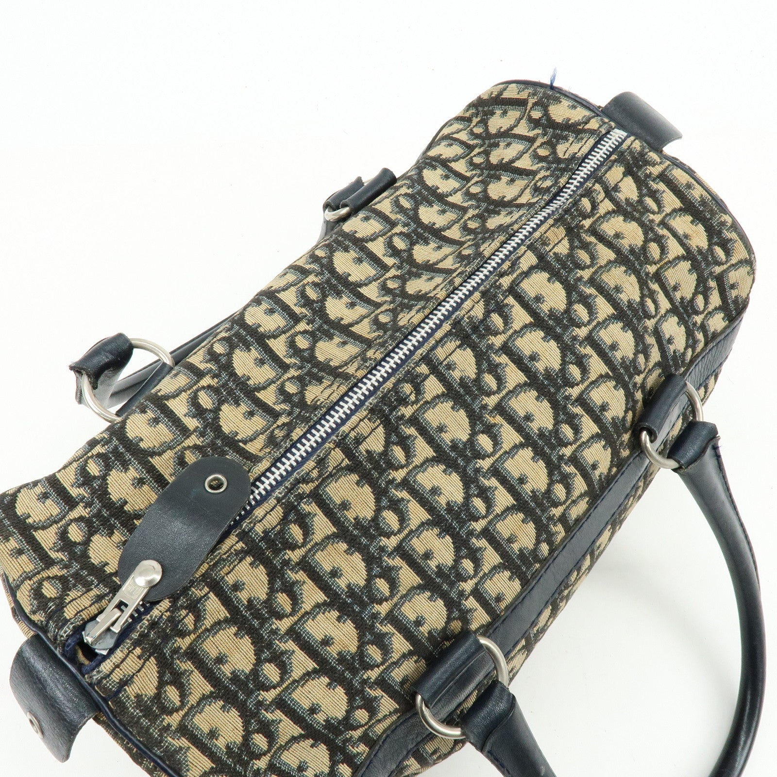 Christian Dior Trotter Leather Boston Bag Hand Bag Beige Navy