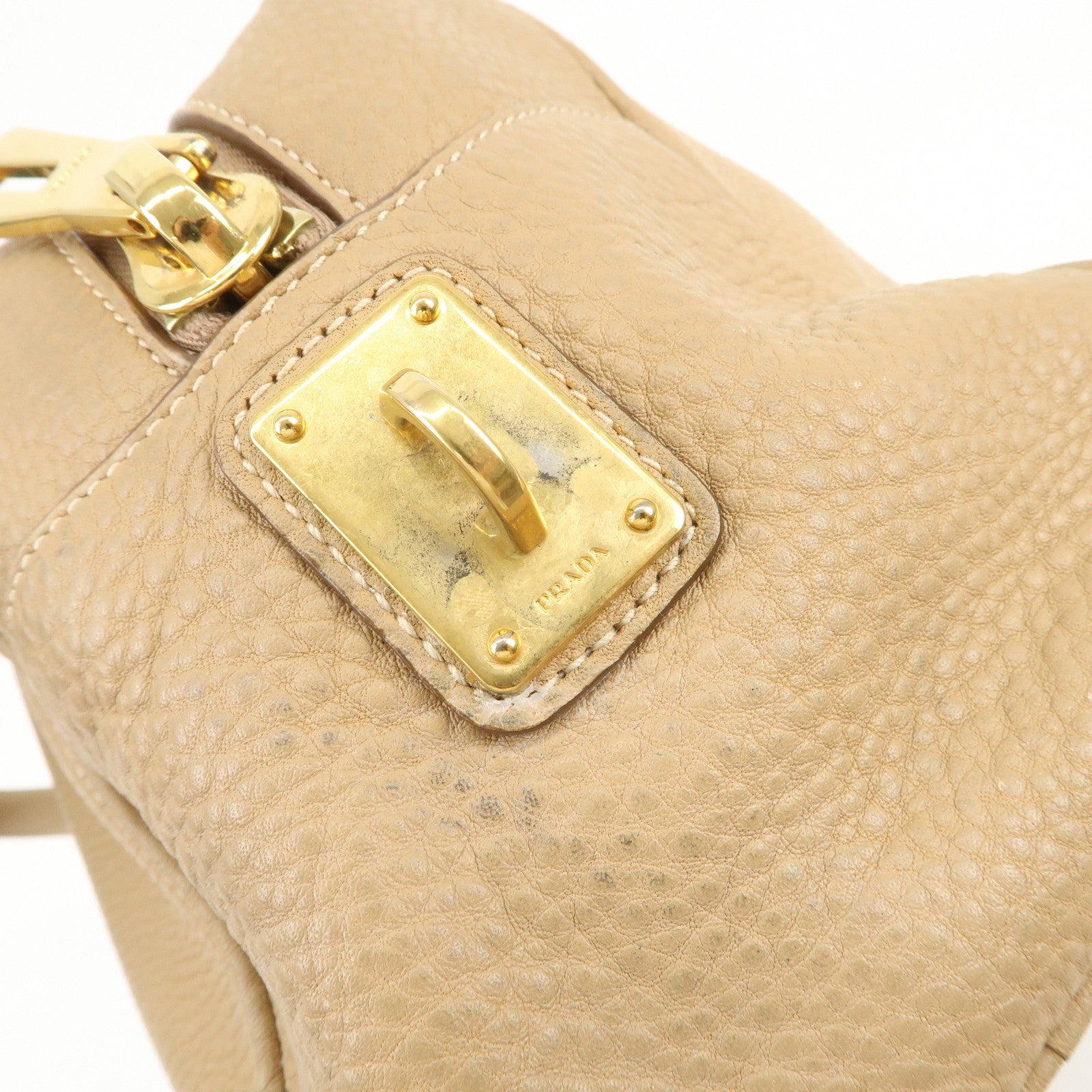 PRADA Leather Boston Bag Hand Bag Beige Gold BL8062