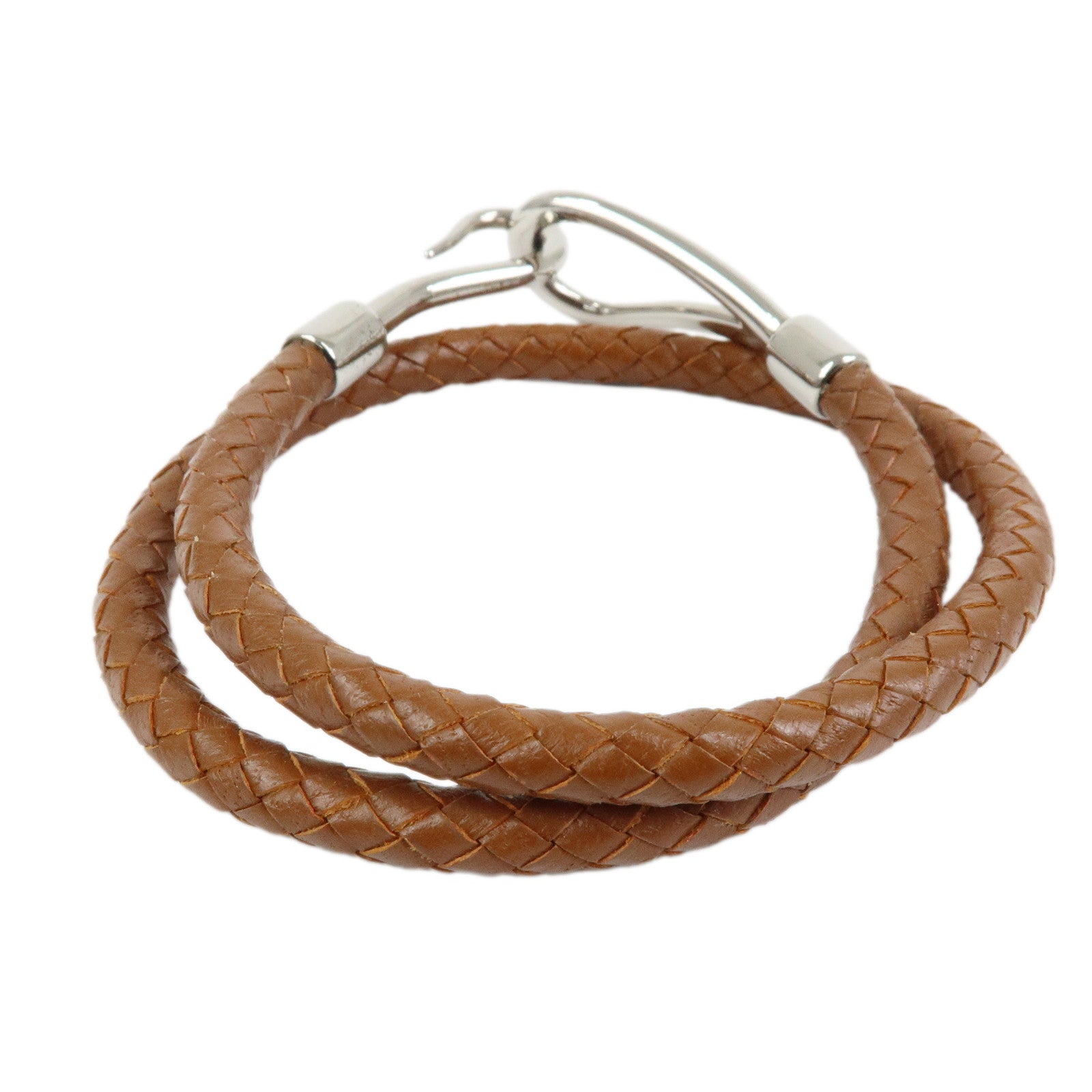 HERMES Jumbo Choker Leather Metal Bracelet Brown Silver
