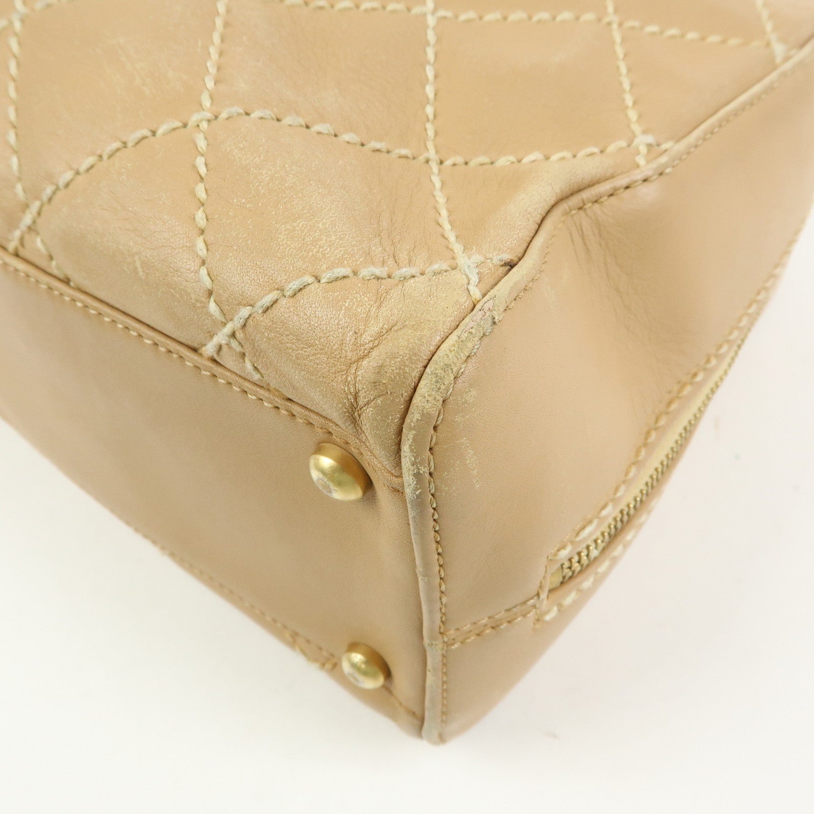 CHANEL Wild Stitch Calf Leather Boston Bag Hand Bag Beige