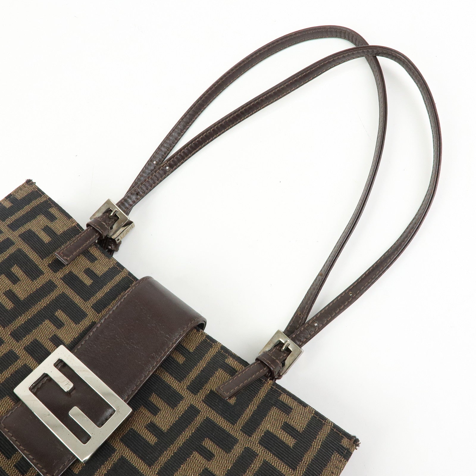 FENDI Zucca Canvas Leather Handbag Shoulder Bag Brown Black