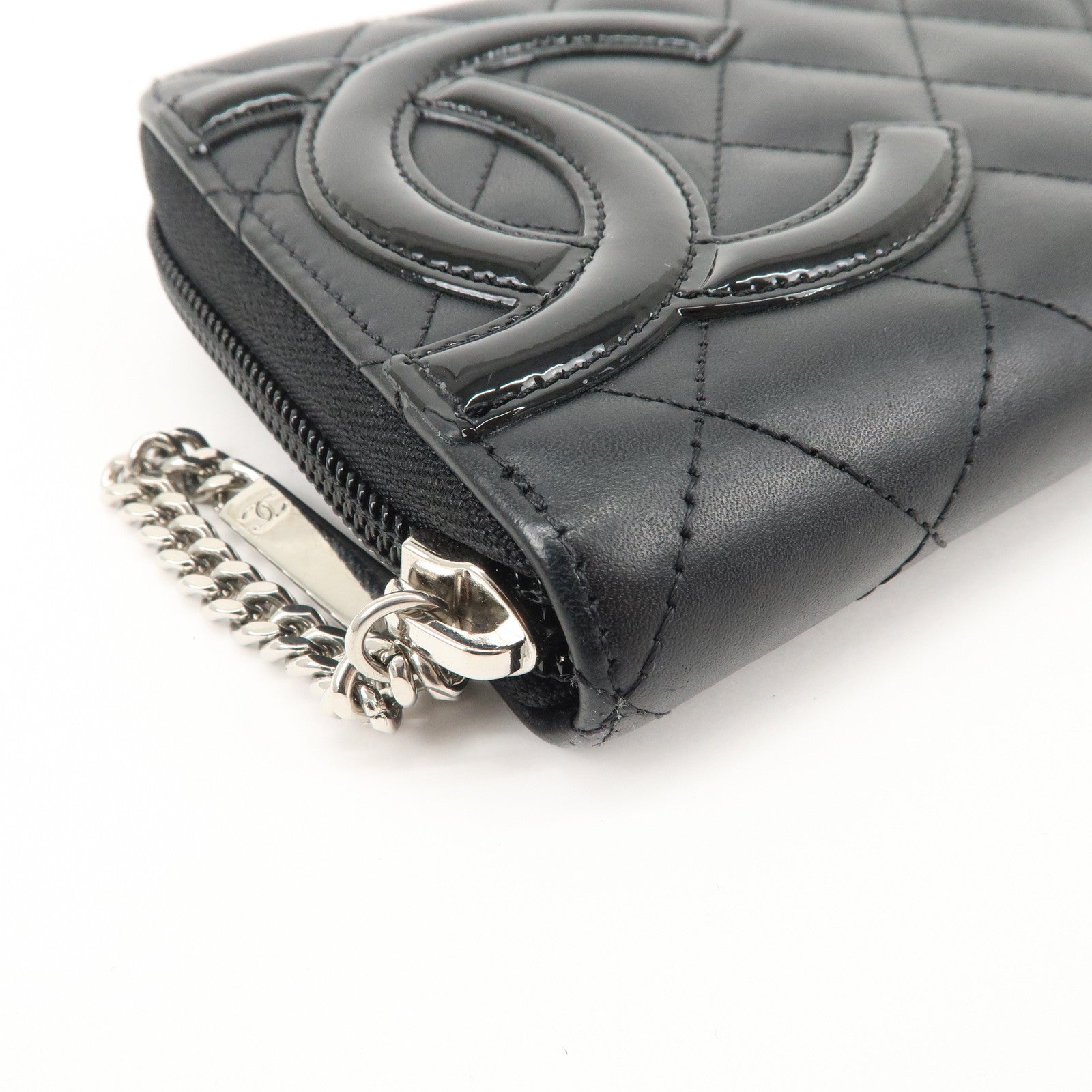 CHANEL Cambon Line Lamb Skin Round Zippy Long Wallet Black A50078 Used
