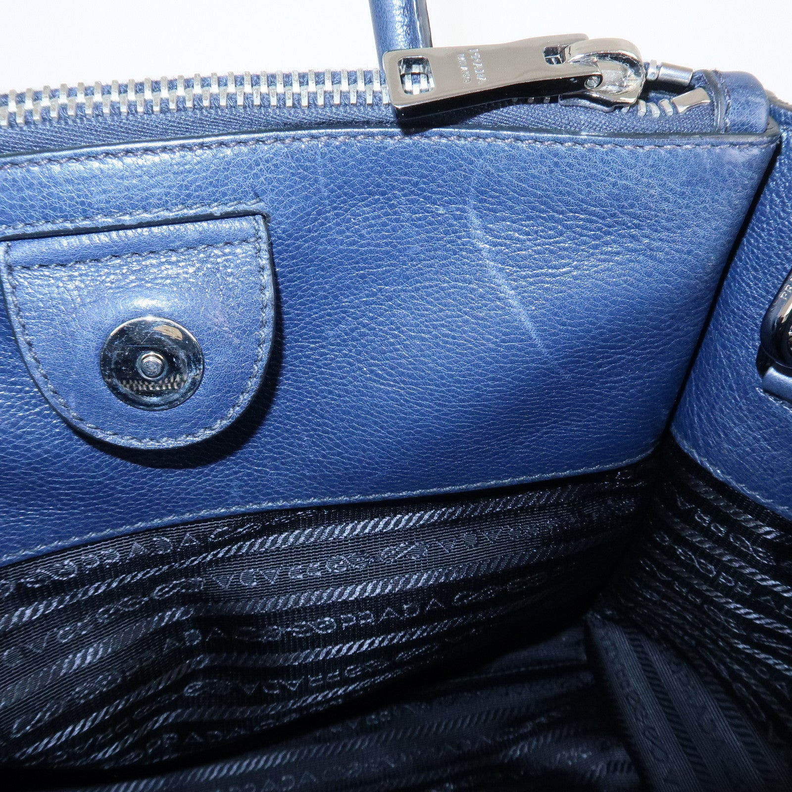 PRADA Triangle Logo Leather 2Way Bag Tote Bag Hand Bag Navy B2625M