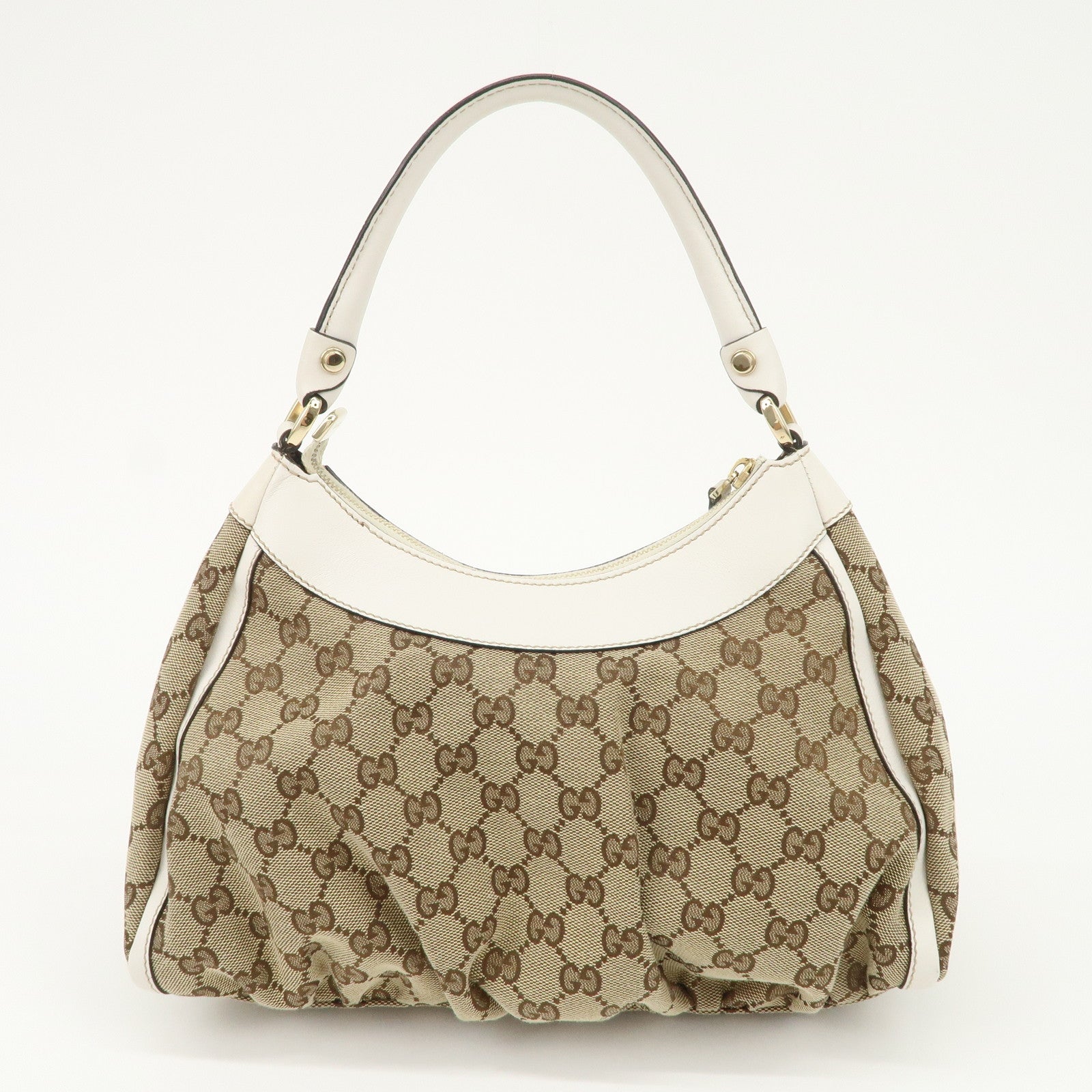 GUCCI Abbey Leather GG Canvas Shoulder Bag Beige White 190525