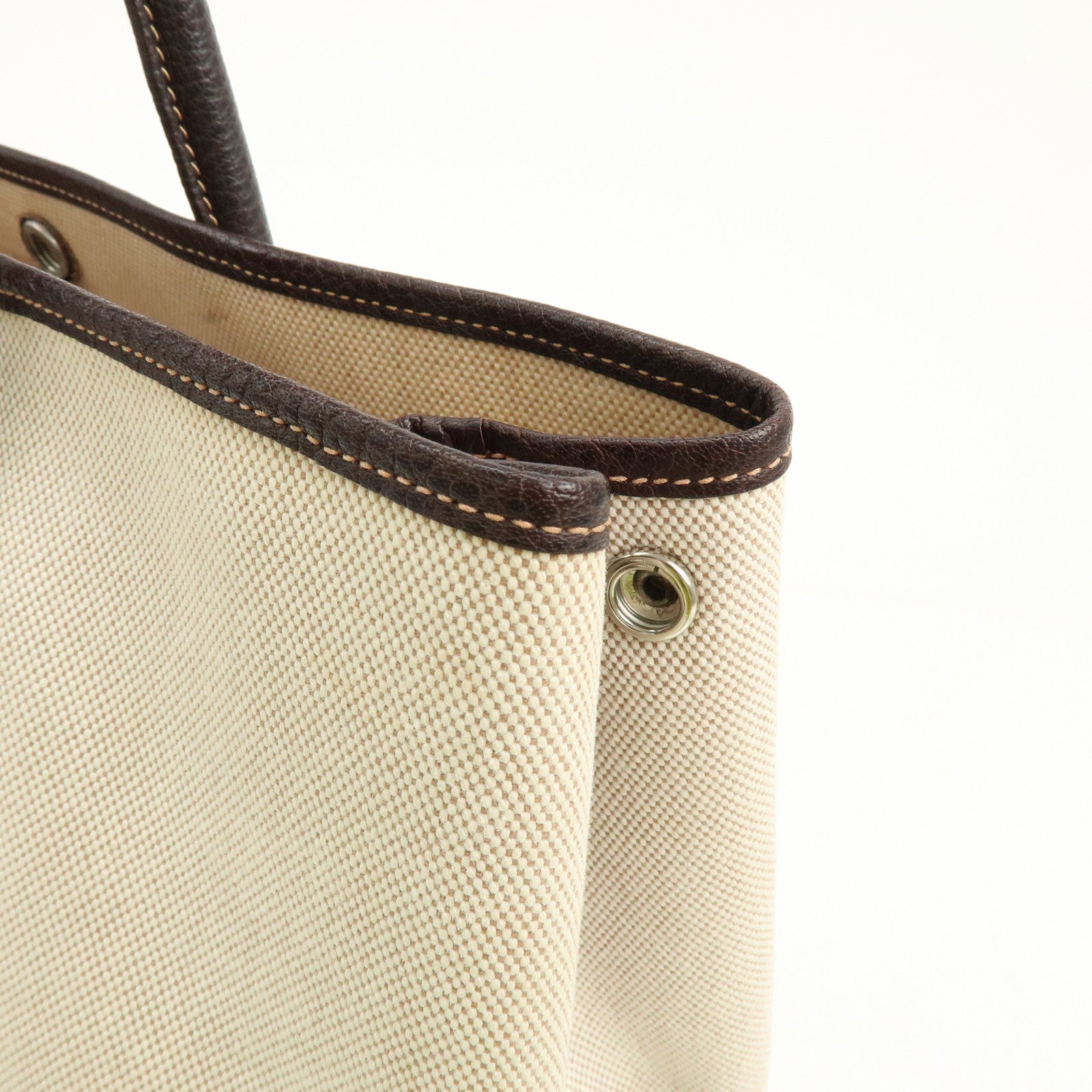 HERMES Garden Party Canvas Leather Tote Bag Beige Brown □H Stamped