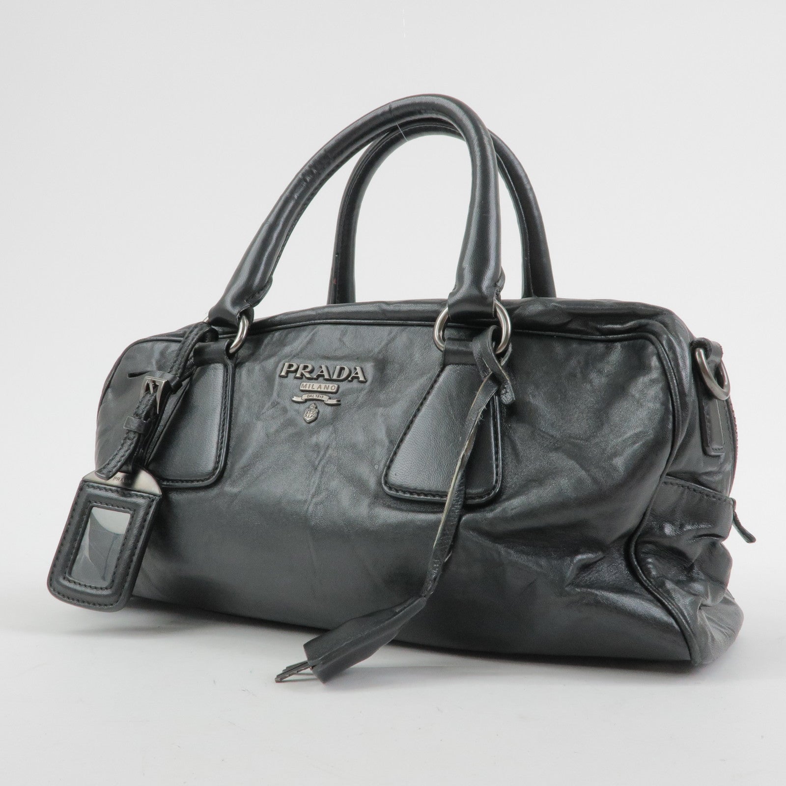 PRADA Leather Boston Bag Hand Bag Black BL0758