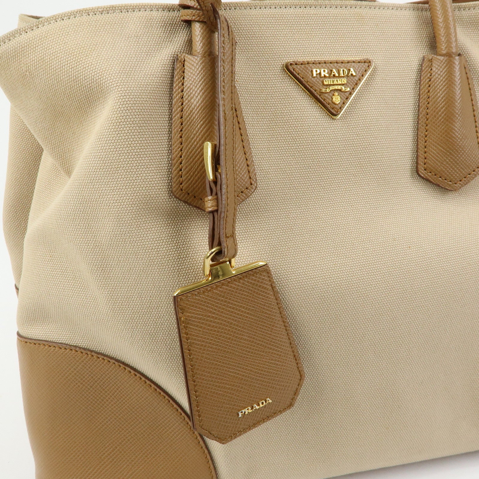 PRADA Triangle Logo Canvas Leather Tote Bag Beige Brown B2756T