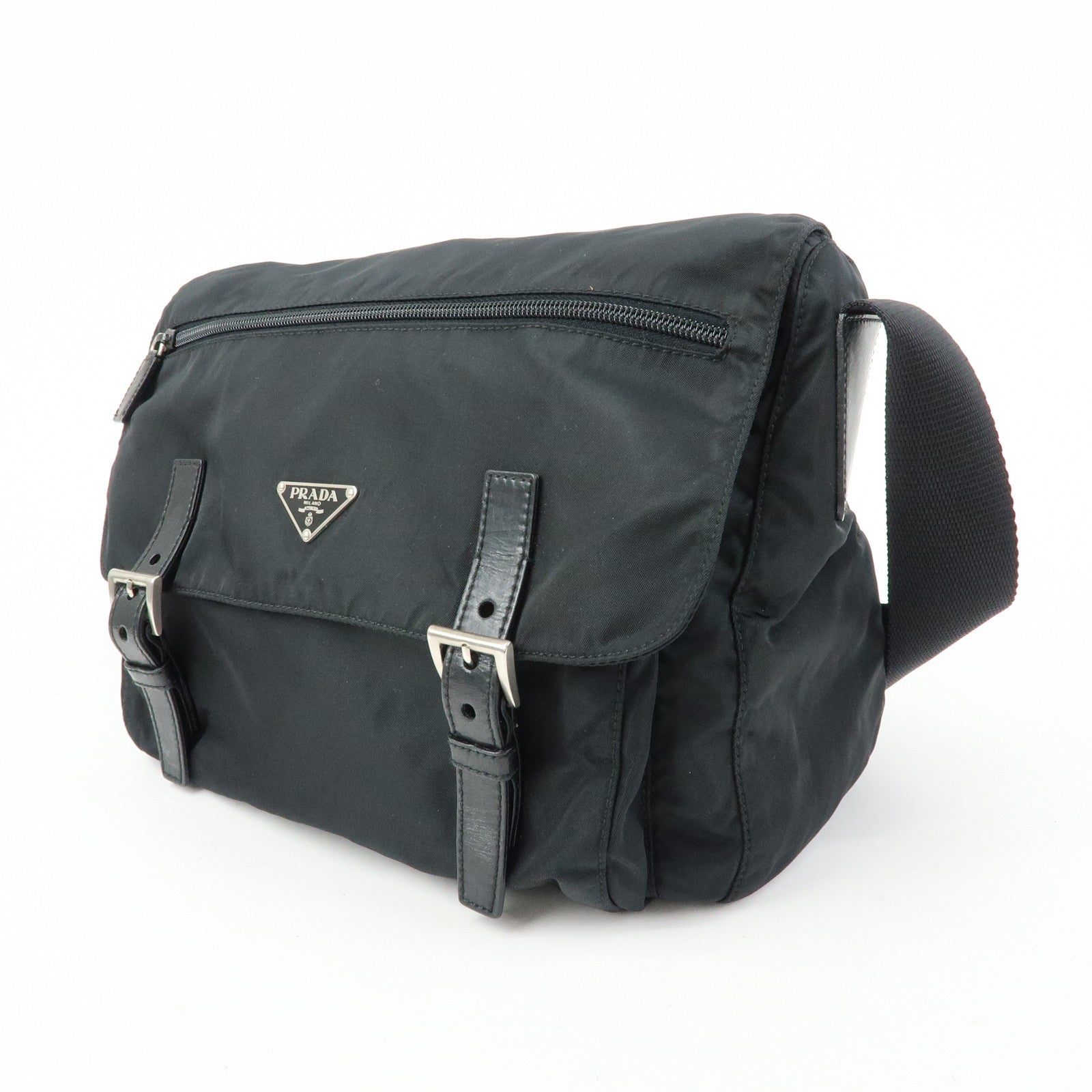 PRADA Triangle Logo Nylon Leather Shoulder Bag Black BT6671
