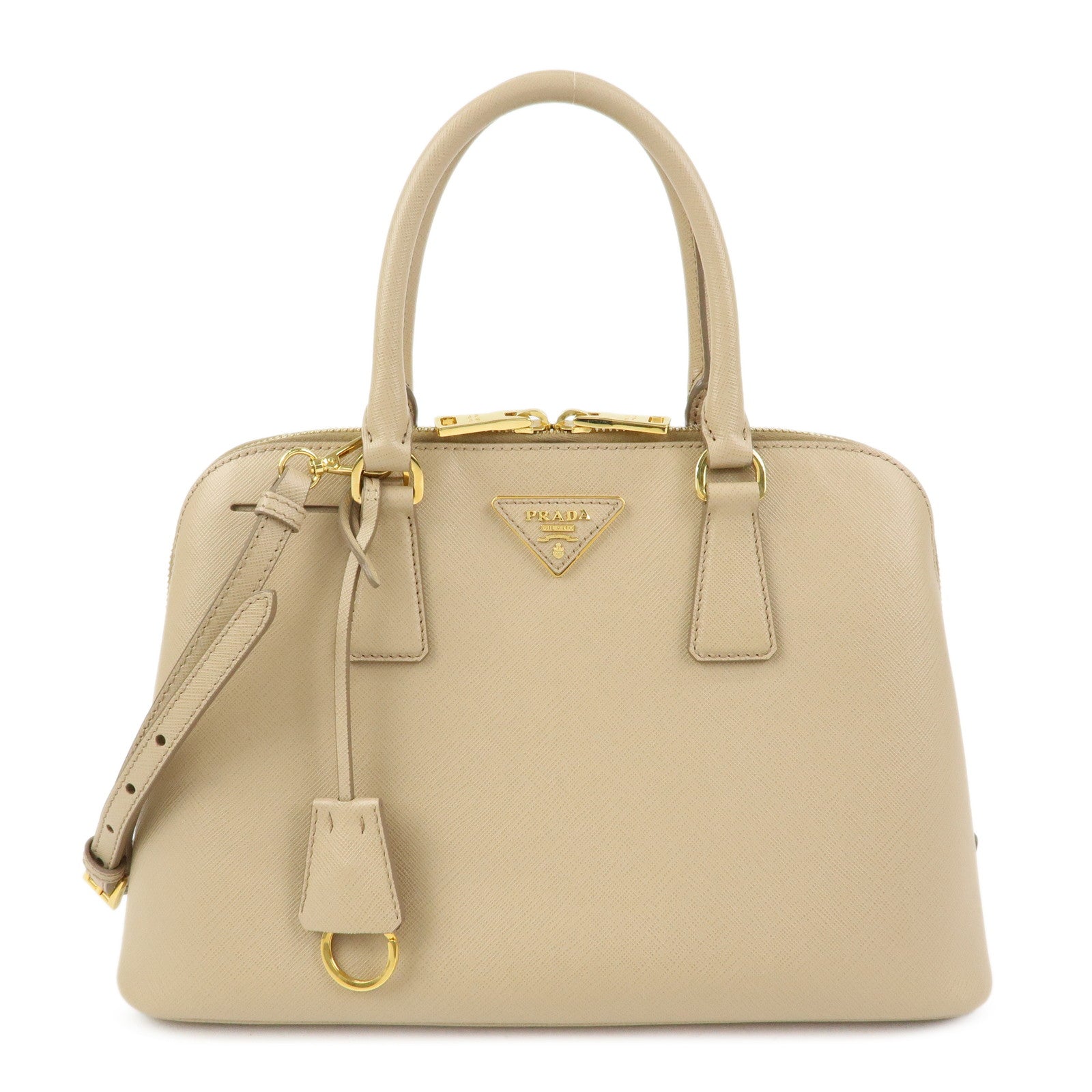 PRADA Triangle Logo Saffiano Leather 2Way Shoulder Bag Beige BL0837