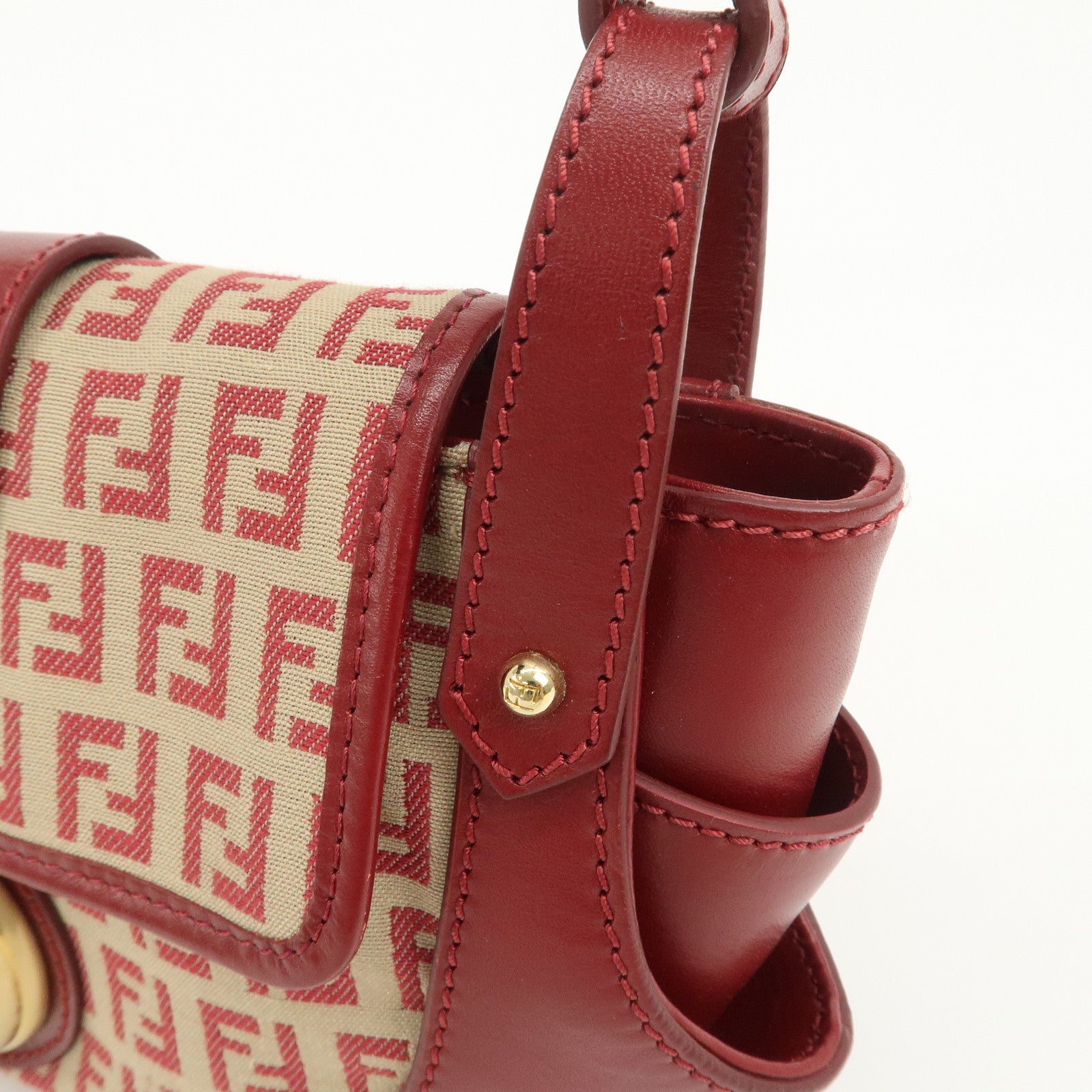 FENDI Zucchino Canvas Leather Turn Lock Shoulder Bag Red 8BR429