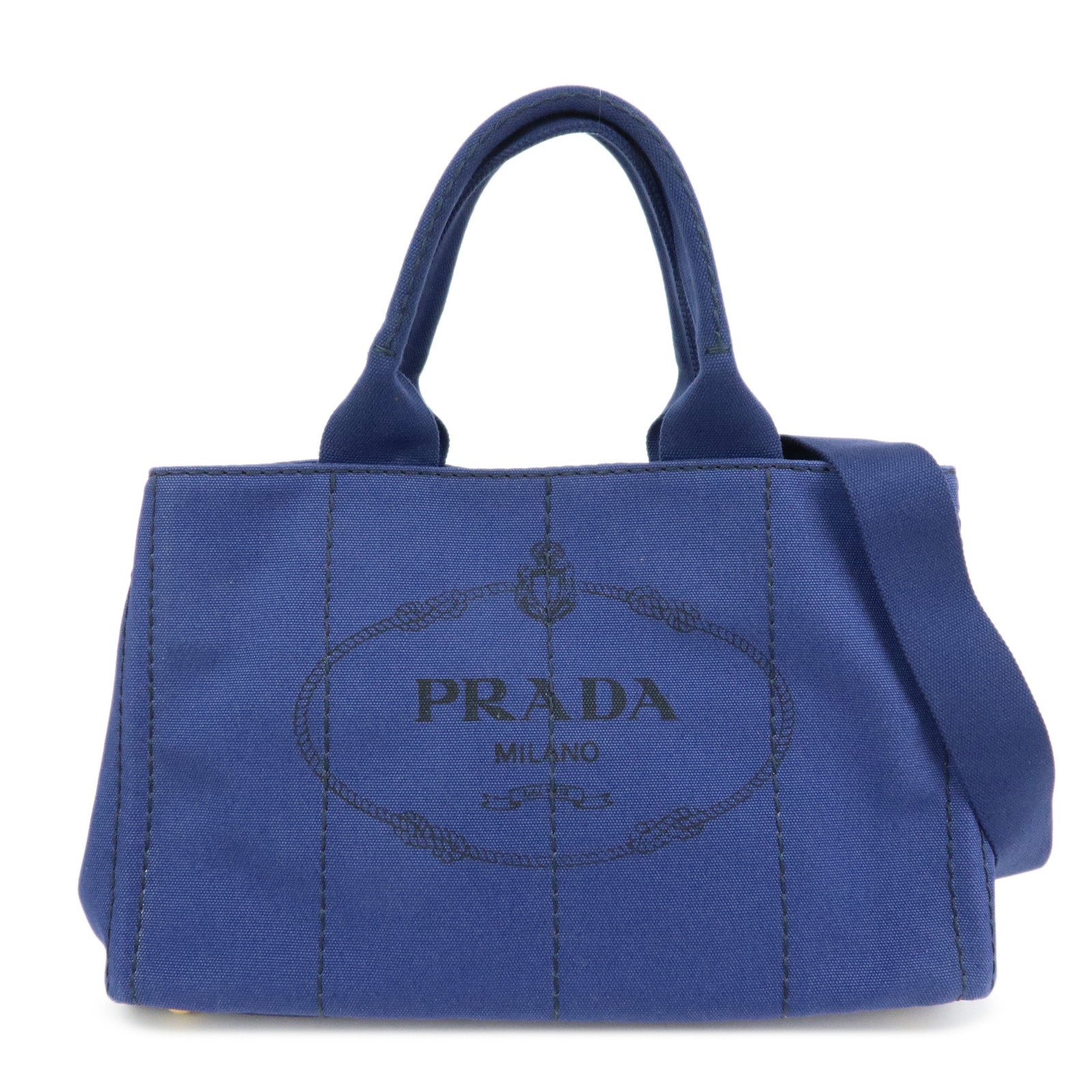 PRADA Triangle Logo Canapa Canvas 2Way Tote Hand Bag Blue BN2642