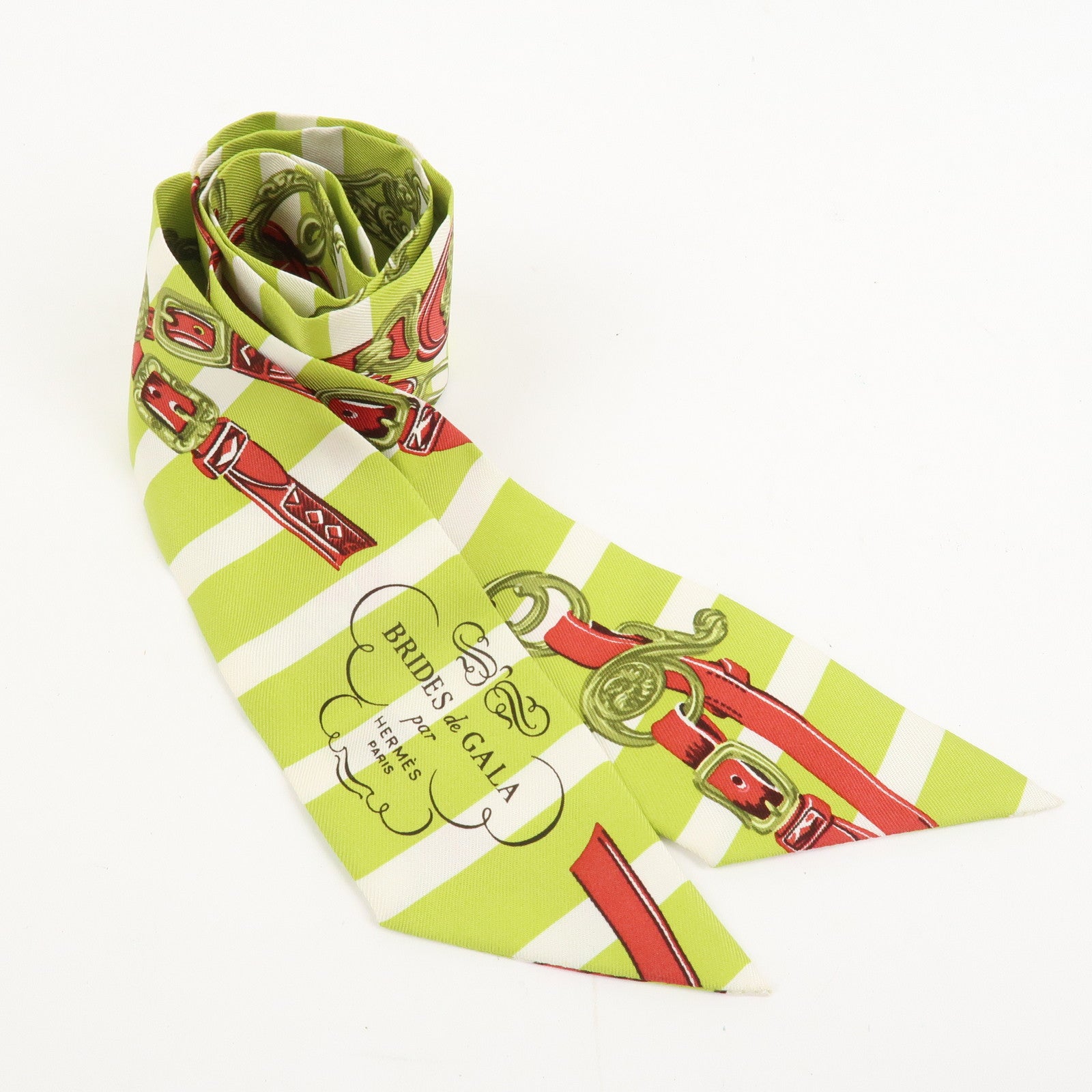 HERMES Twilly Silk 100% Scarf BRIDES de GALA Light Green Red