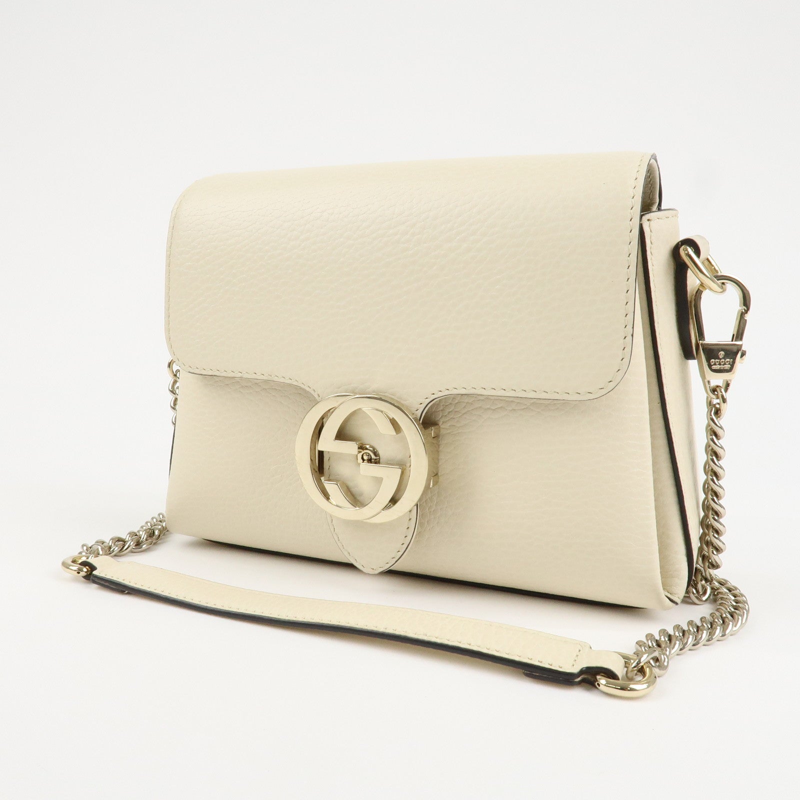 GUCCI Interlocking G Leather Chain Shoulder Bag Ivory Gold 240020 Used