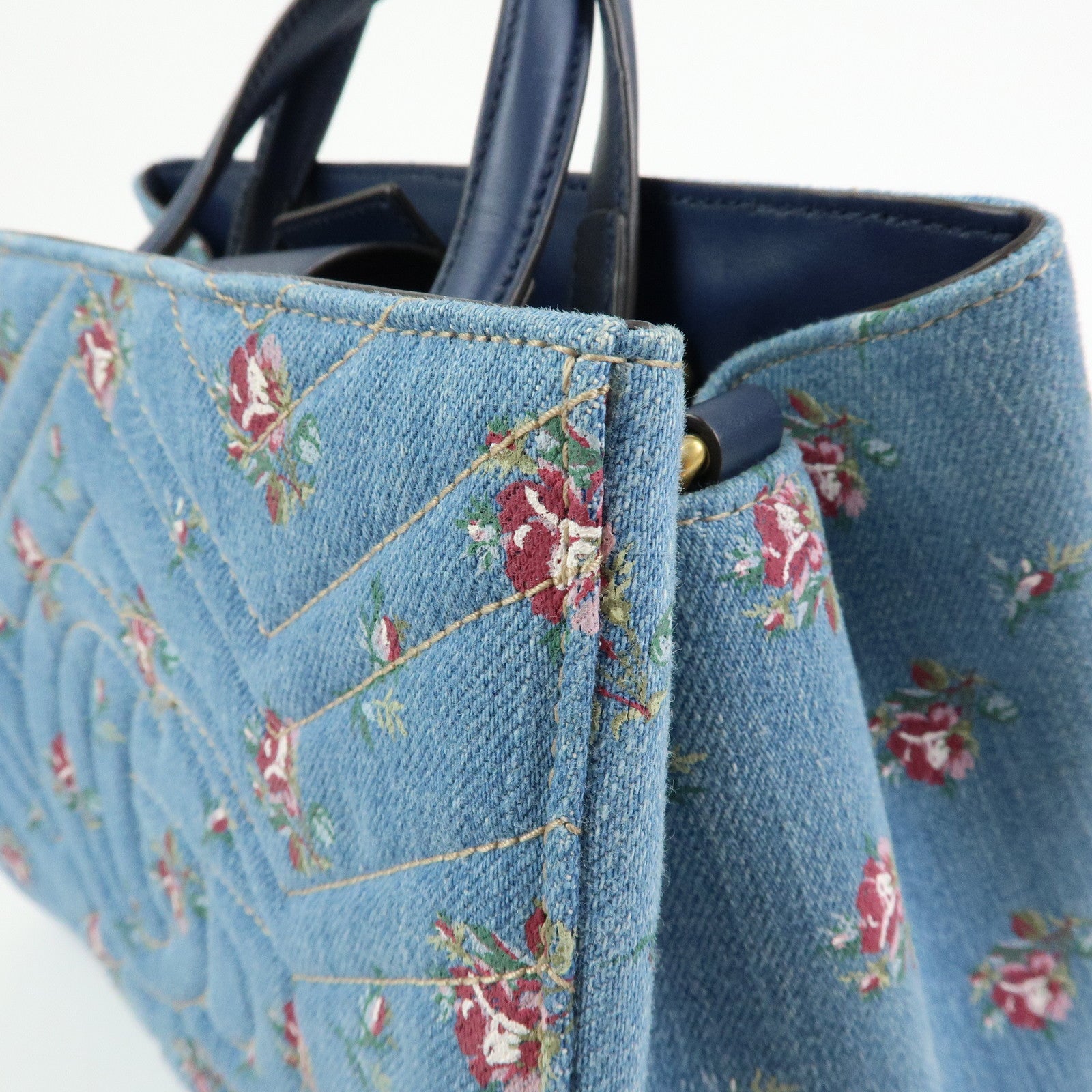 GUCCI GG Marmont Denim Leather 2Way Bag Flower Motif Navy 448054