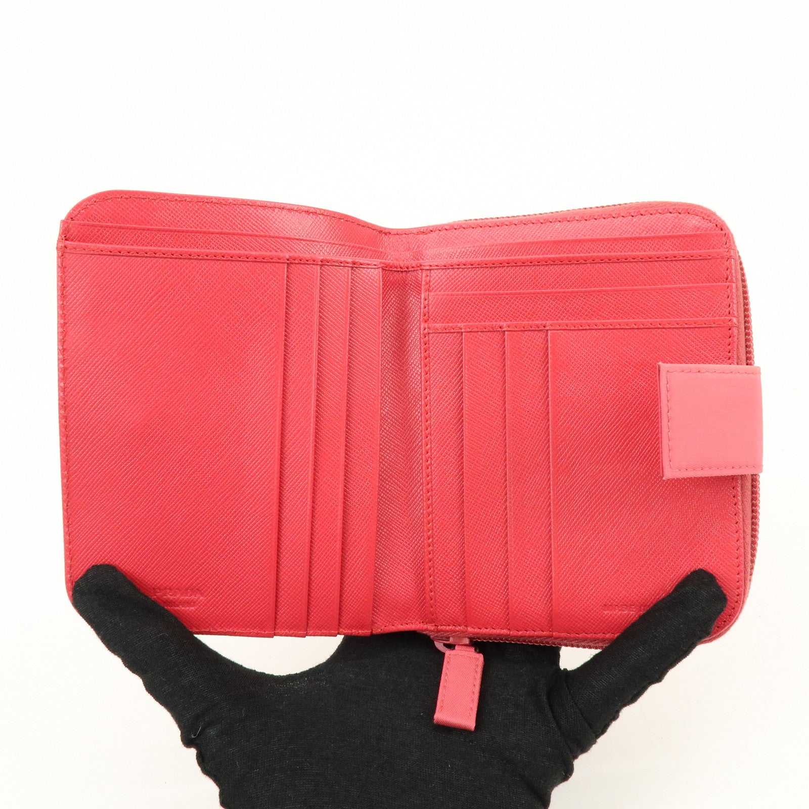 PRADA Triangle Logo Nylon Leather Round Zippy Compact Wallet Pink