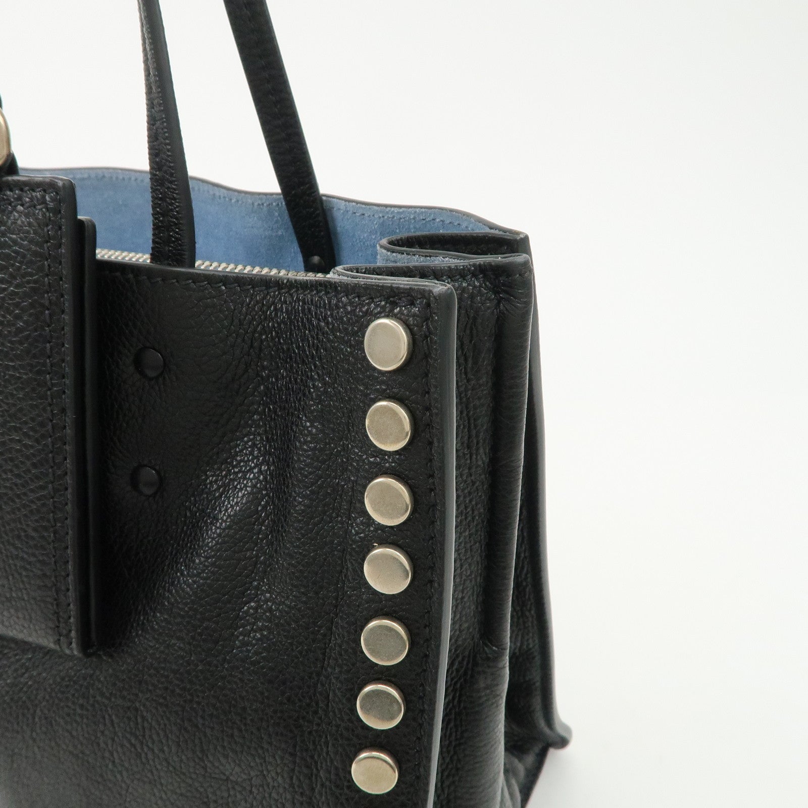 PRADA Logo Etiquette Leather Tote Bag Studs Black 1BG121
