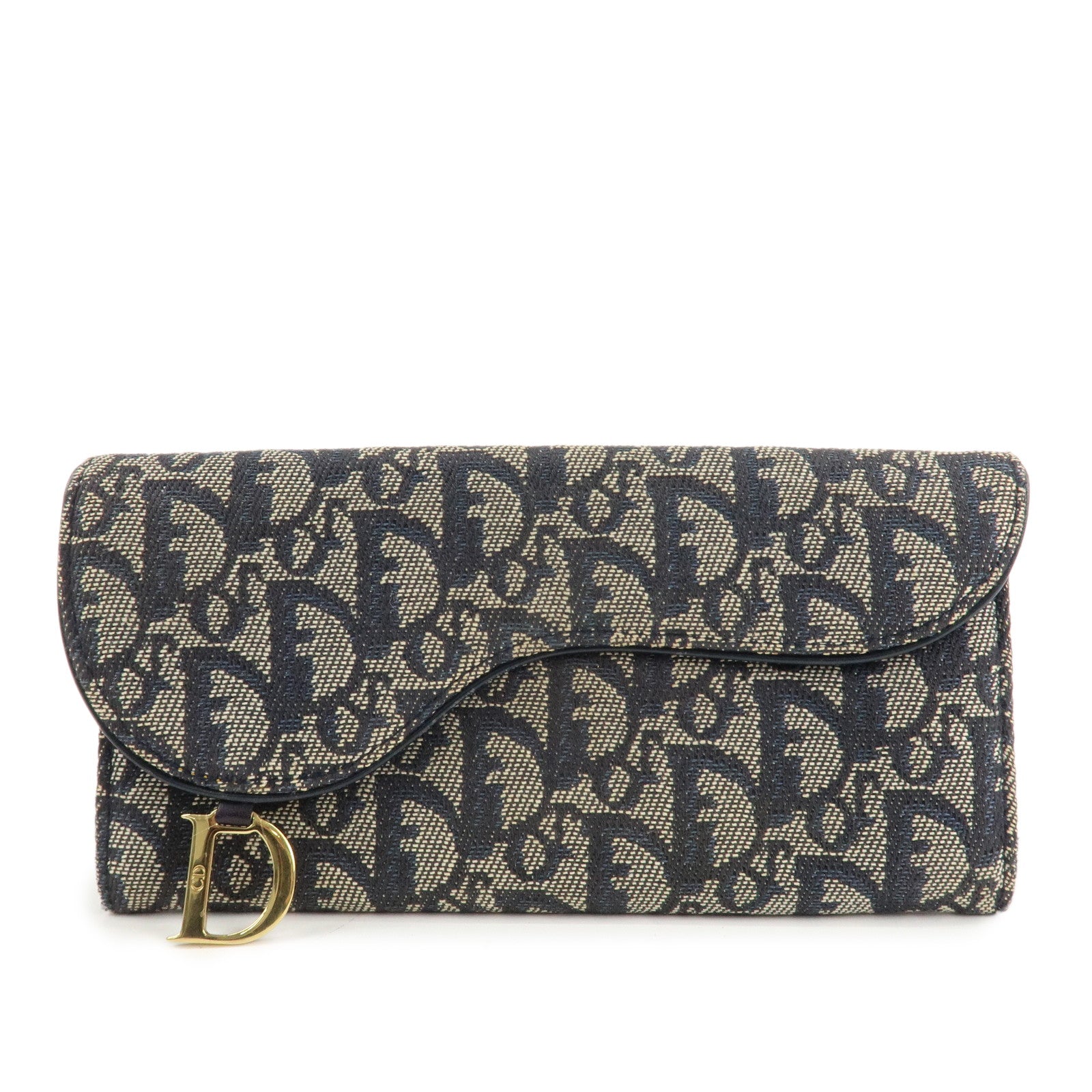 Christian Dior Trotter Canvas Saddle Bi-Fold Long Wallet Navy Used