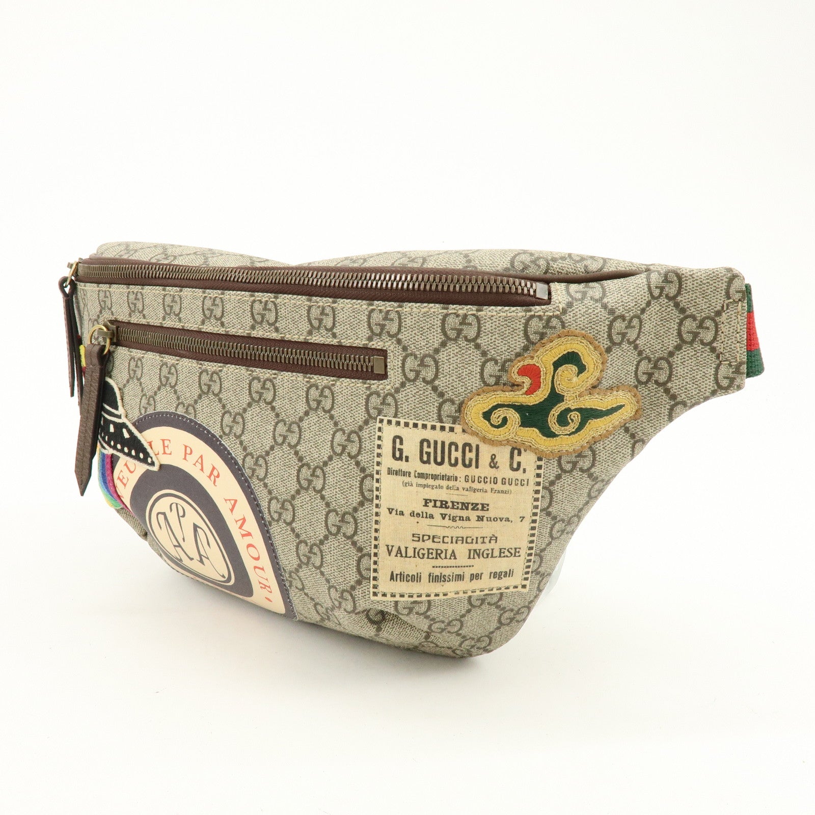 GUCCI Sherry GG Supreme Canvas Leather Waist Bag Gray Brown 529711