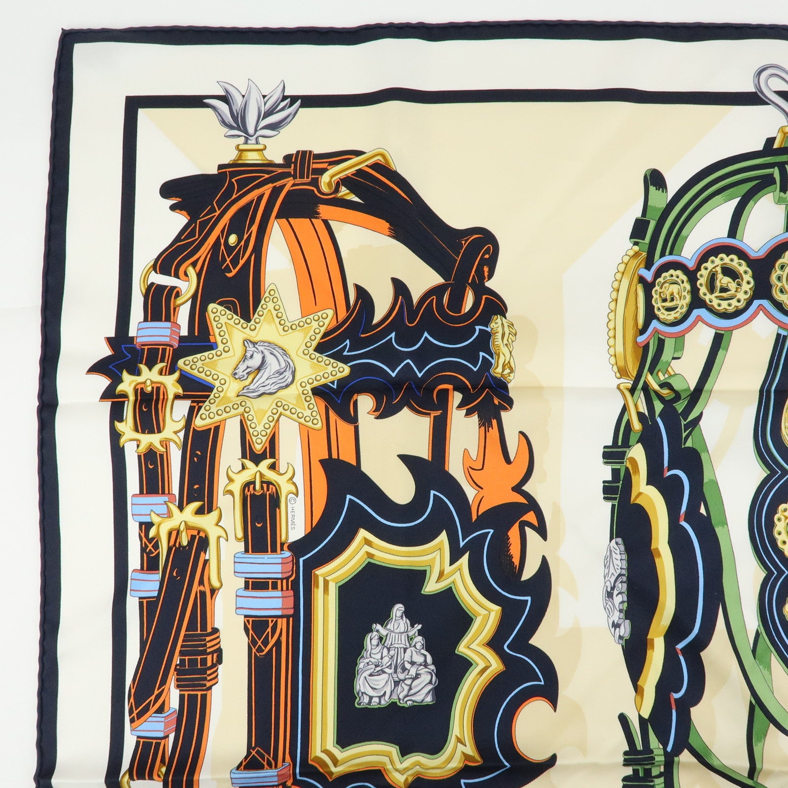 HERMES Carre 90 Silk 100% Scarf BRIDES ET DESTIN Beige Black Gold