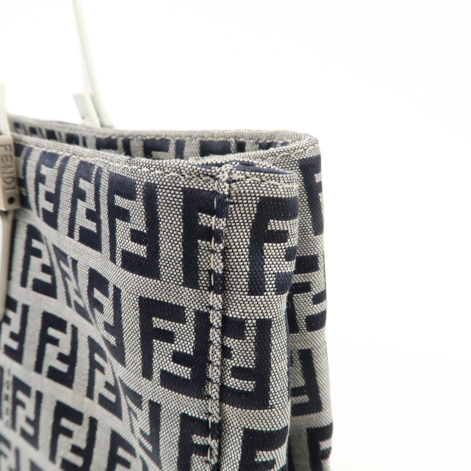 FENDI Zucchino Canvas Leather Tote Bag Hand Bag White Navy 8BH019 Used